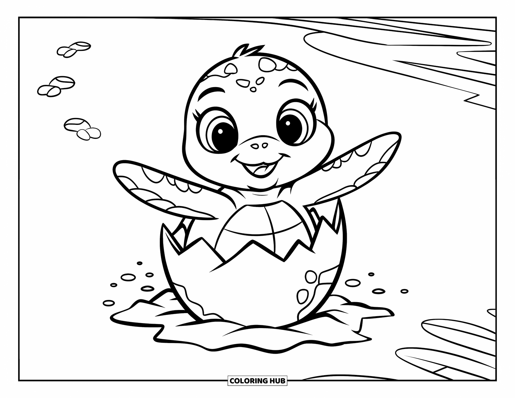 Sea Turtle Coloring Page for Kids: A baby sea turtle emerging from its egg on a beach, with tiny footprints leading to the water