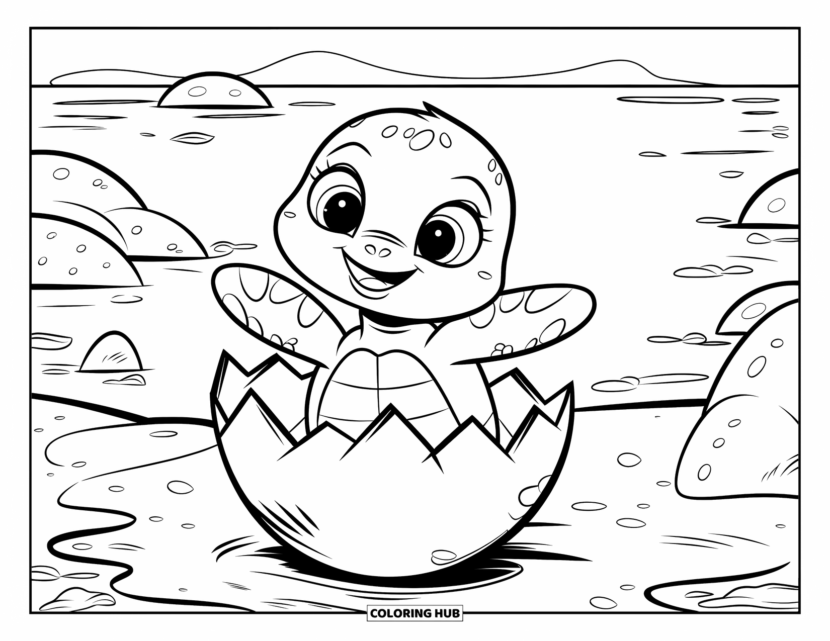 Sea Turtle Coloring Page for Kids: A baby sea turtle hatching from an egg, surrounded by a calm ocean and distant horizon
