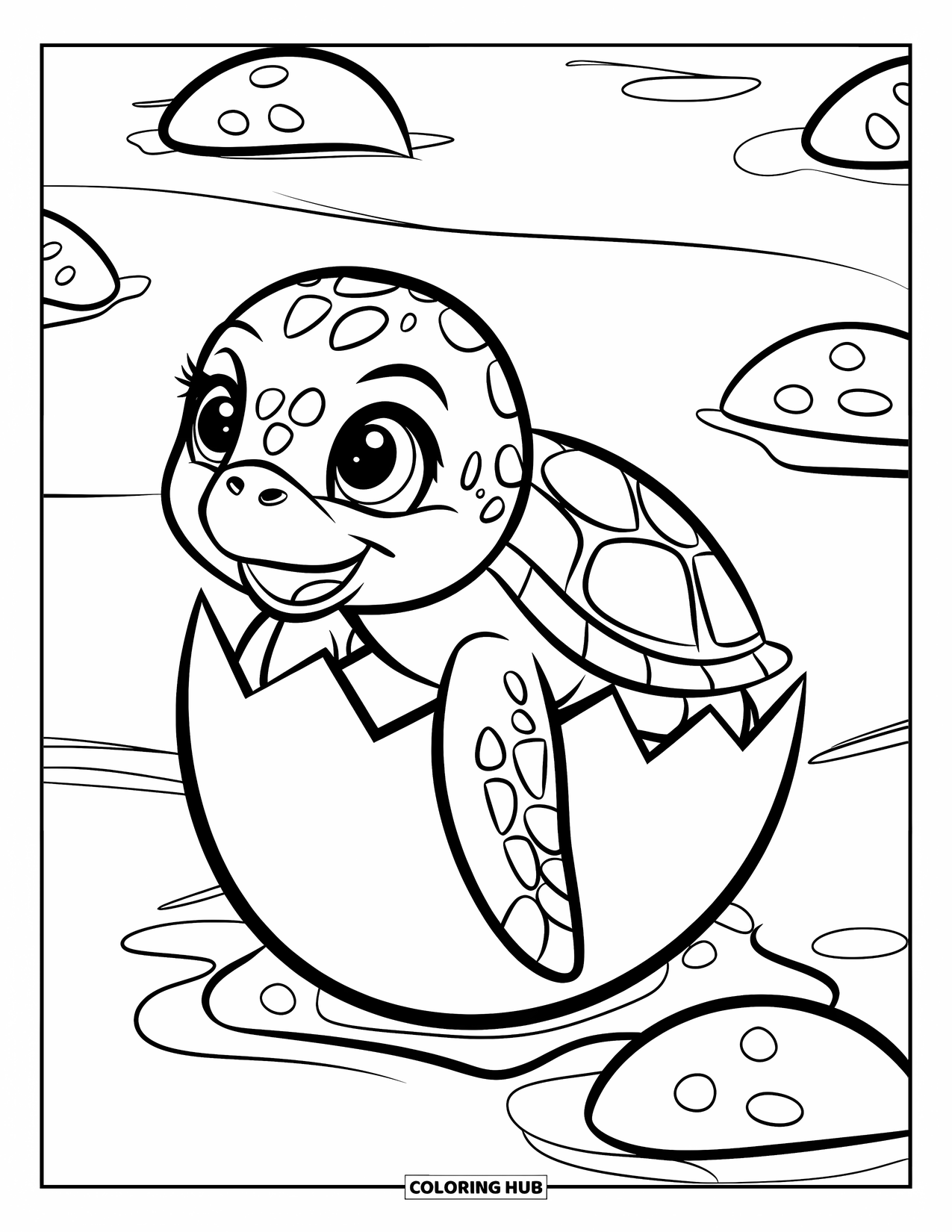 Sea Turtle Coloring Page for Kids: A baby sea turtle hatching from its egg on a beach, with tiny footprints in the sand