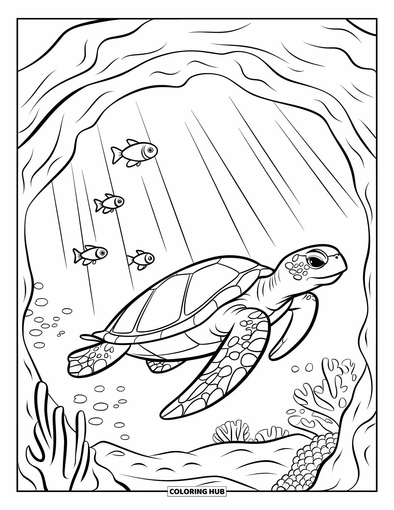 Sea Turtle Coloring Page for Kids: A brave sea turtle exploring a hidden cave, with light filtering through the water