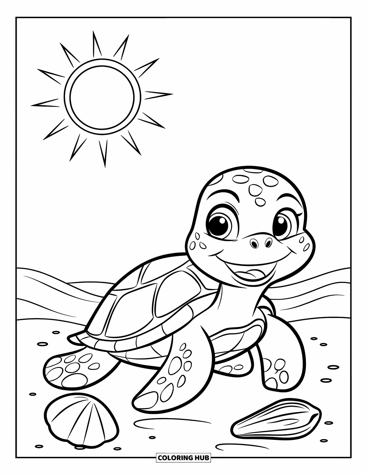 Sea Turtle Coloring Page for Kids: A cheerful sea turtle on a sandy beach, surrounded by seashells and warm sunshine