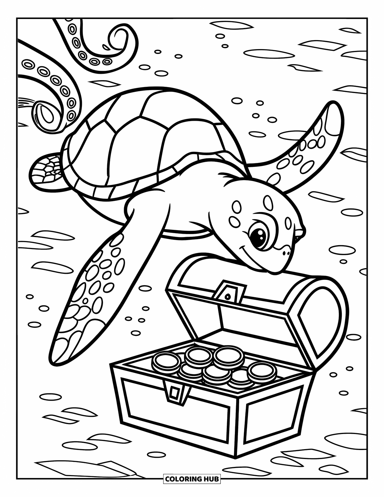 Sea Turtle Coloring Page for Kids: A curious sea turtle exploring a hidden treasure chest, while an octopus watches