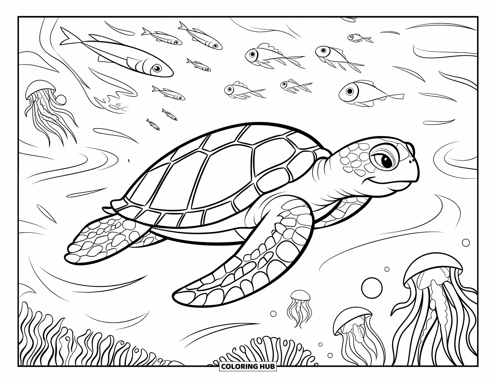 Sea Turtle Coloring Page for Kids: A curious sea turtle exploring the water, surrounded by jellyfish and fish
