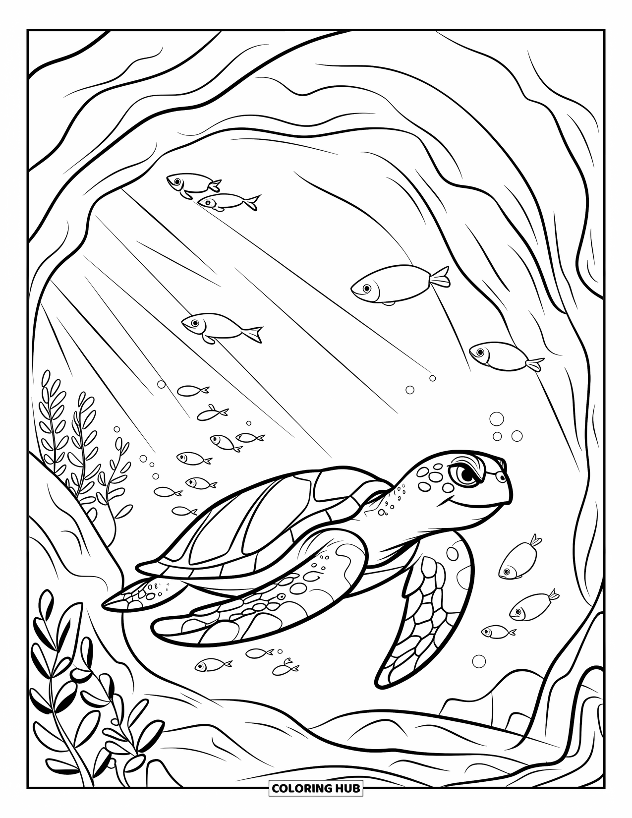 Sea Turtle Coloring Page for Kids: A curious sea turtle gliding through an underwater cave, with fish swimming nearby