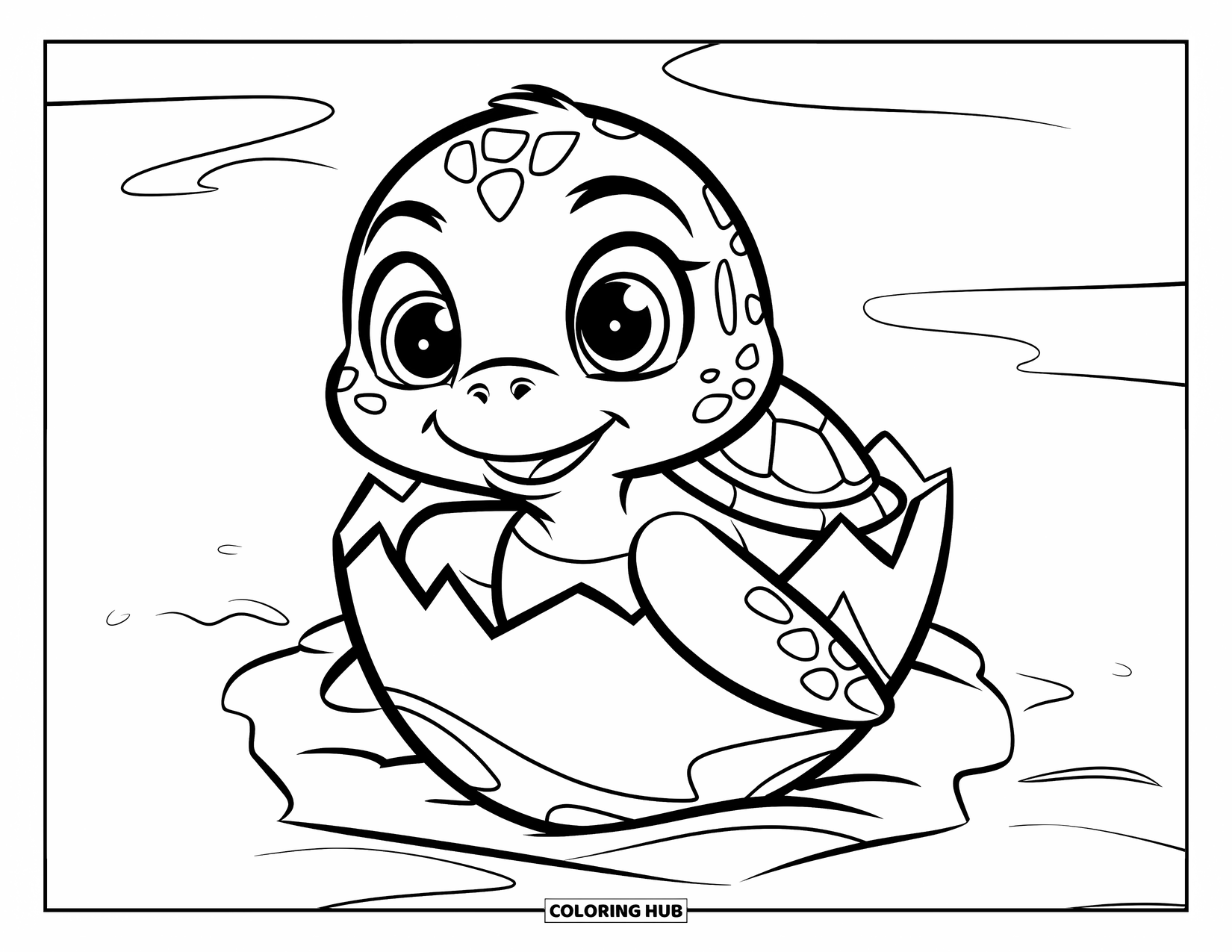 Sea Turtle Coloring Page for Kids: A cute baby sea turtle hatching from an egg on the sand, ready for its first adventure