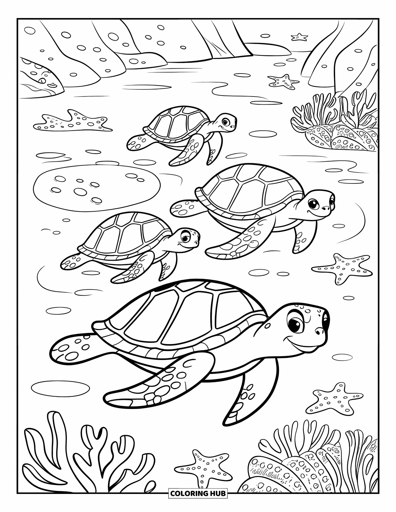 Sea Turtle Coloring Page for Kids: A family of sea turtles swimming together, enjoying the beauty of the ocean floor