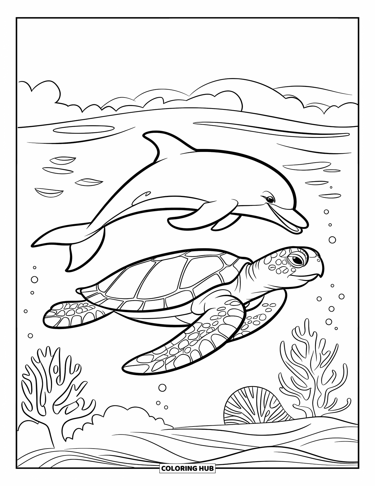 Sea Turtle Coloring Page for Kids: A friendly sea turtle and a dolphin swimming together through gentle waves