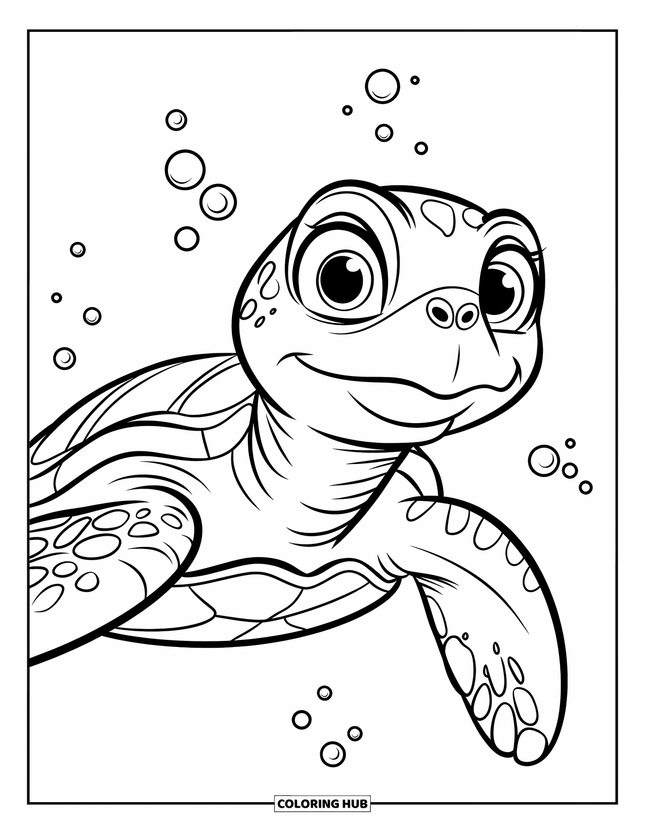 Sea Turtle Coloring Page for Kids: A gentle sea turtle with big eyes, peacefully floating in the ocean