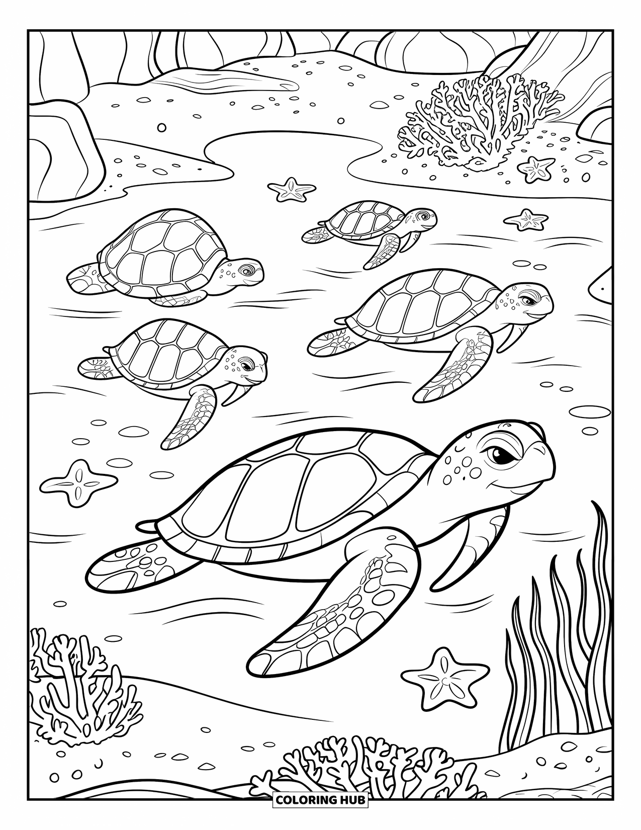 Sea Turtle Coloring Page for Kids: A group of sea turtles swimming through shallow waters, surrounded by coral and starfish
