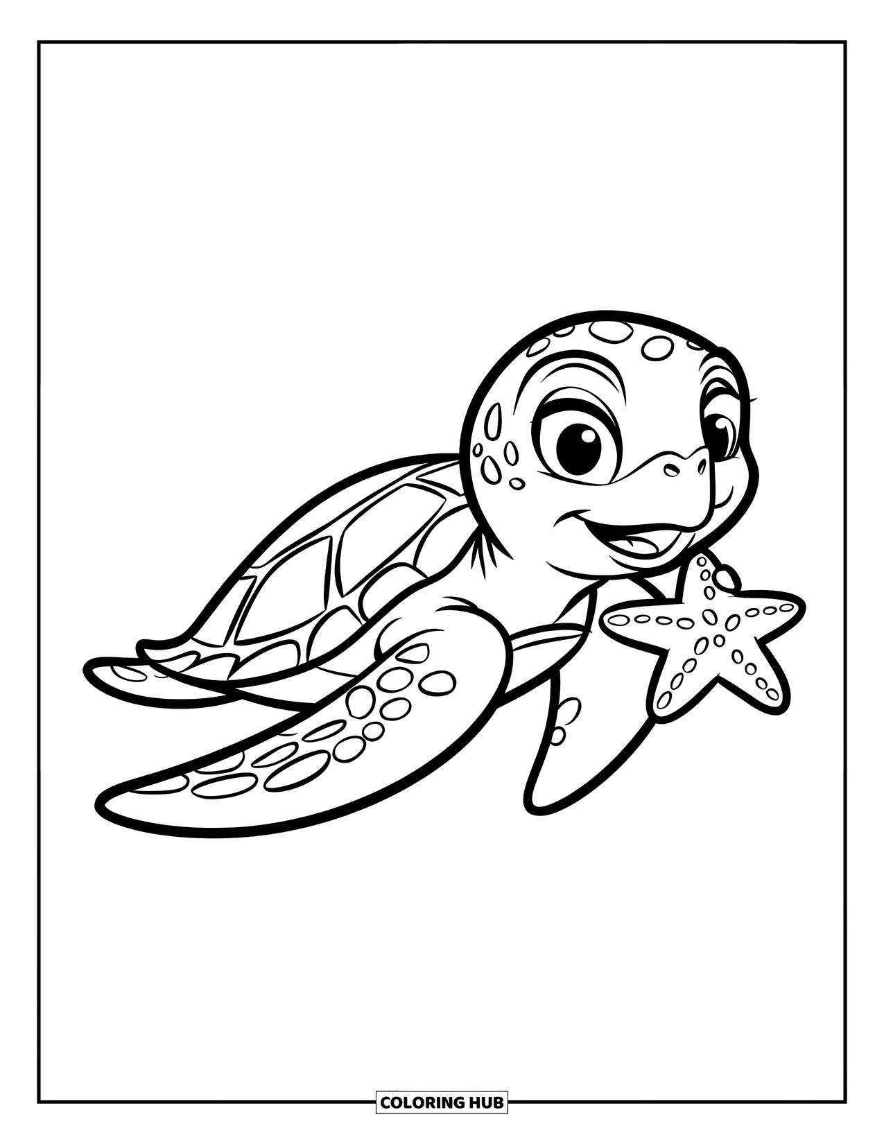 Sea Turtle Coloring Page for Kids: A happy sea turtle holding a starfish, floating in the water with a big smile