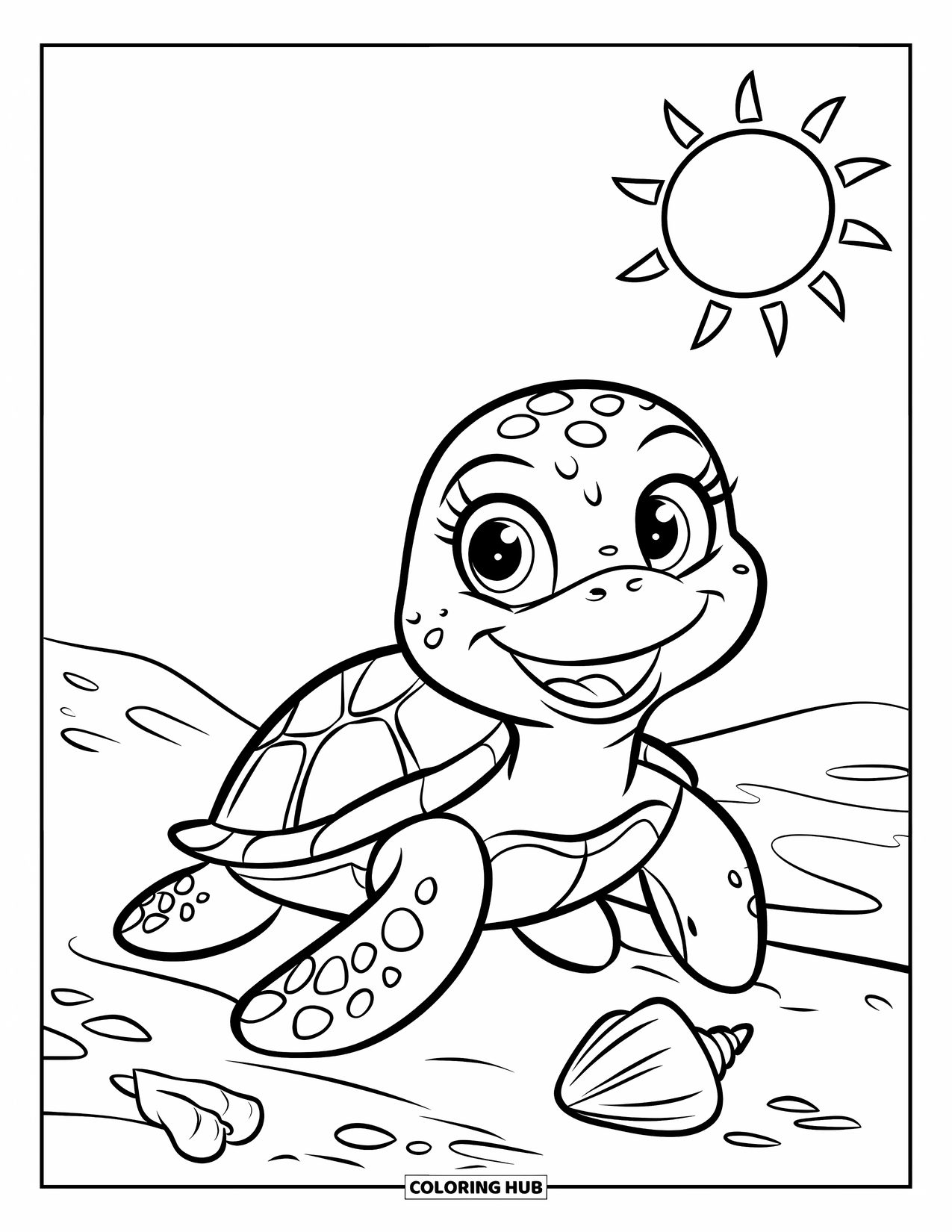 Sea Turtle Coloring Page for Kids: A happy sea turtle on a quiet beach, basking in the sunlight with seashells around