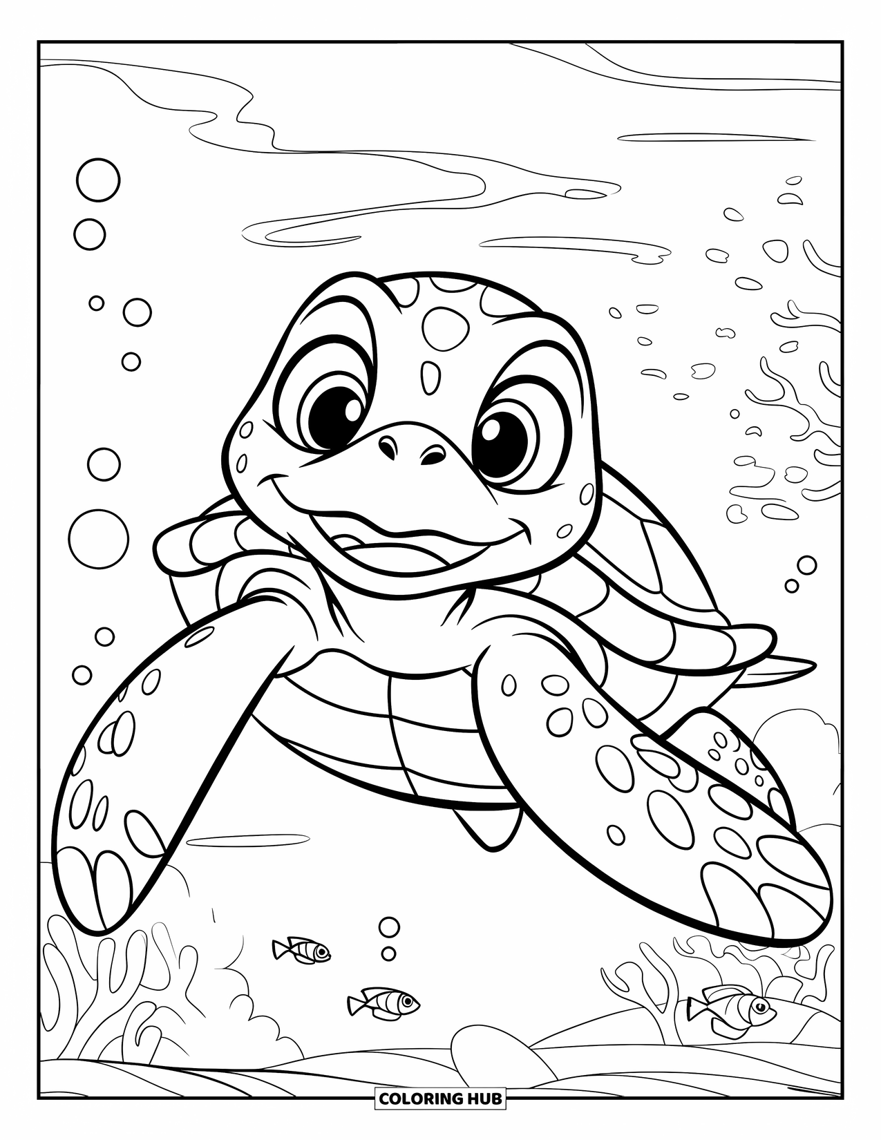 Sea Turtle Coloring Page for Kids: A happy sea turtle swimming near coral, surrounded by small, curious fish