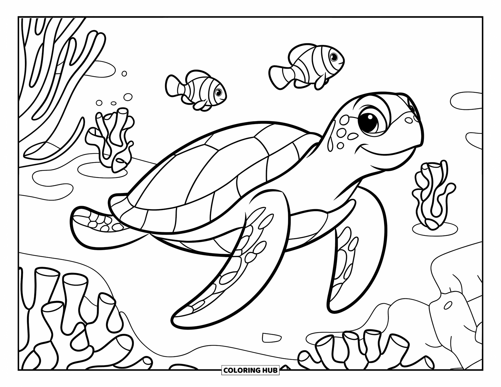 Sea Turtle Coloring Page for Kids: A happy sea turtle tumbling playfully near coral, with colorful clownfish swimming nearby