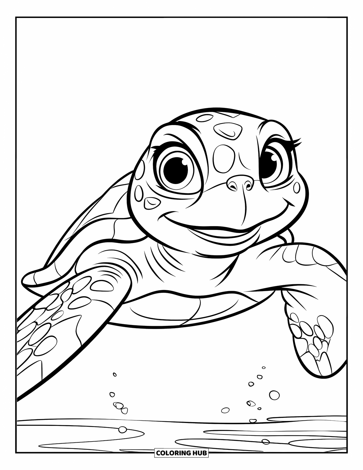 Sea Turtle Coloring Page for Kids: A large, smiling sea turtle floating in clear water with a few tiny bubbles around
