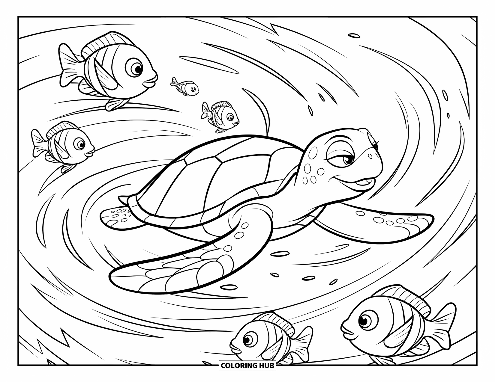 Sea Turtle Coloring Page for Kids: A majestic sea turtle swimming in strong currents, moving with the ocean flow