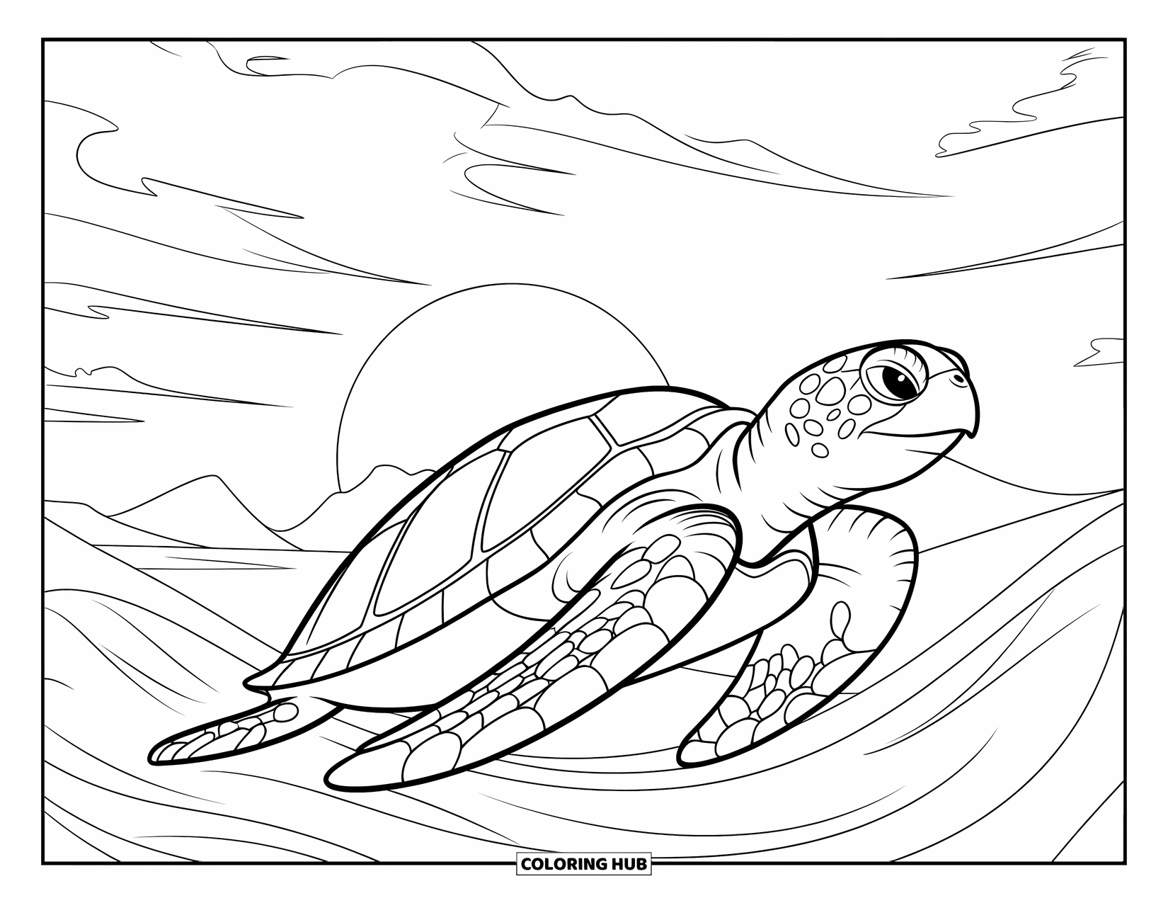 Sea Turtle Coloring Page for Kids: A majestic sea turtle swimming through the water as the sun dips below the horizon