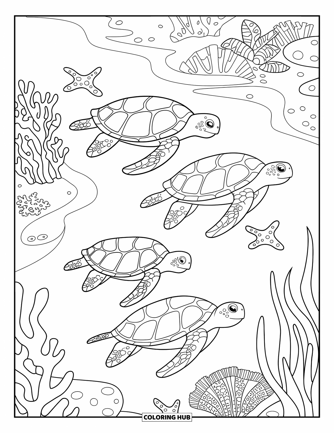 Sea Turtle Coloring Page for Kids: A peaceful scene of sea turtles gliding through a shallow ocean filled with marine life