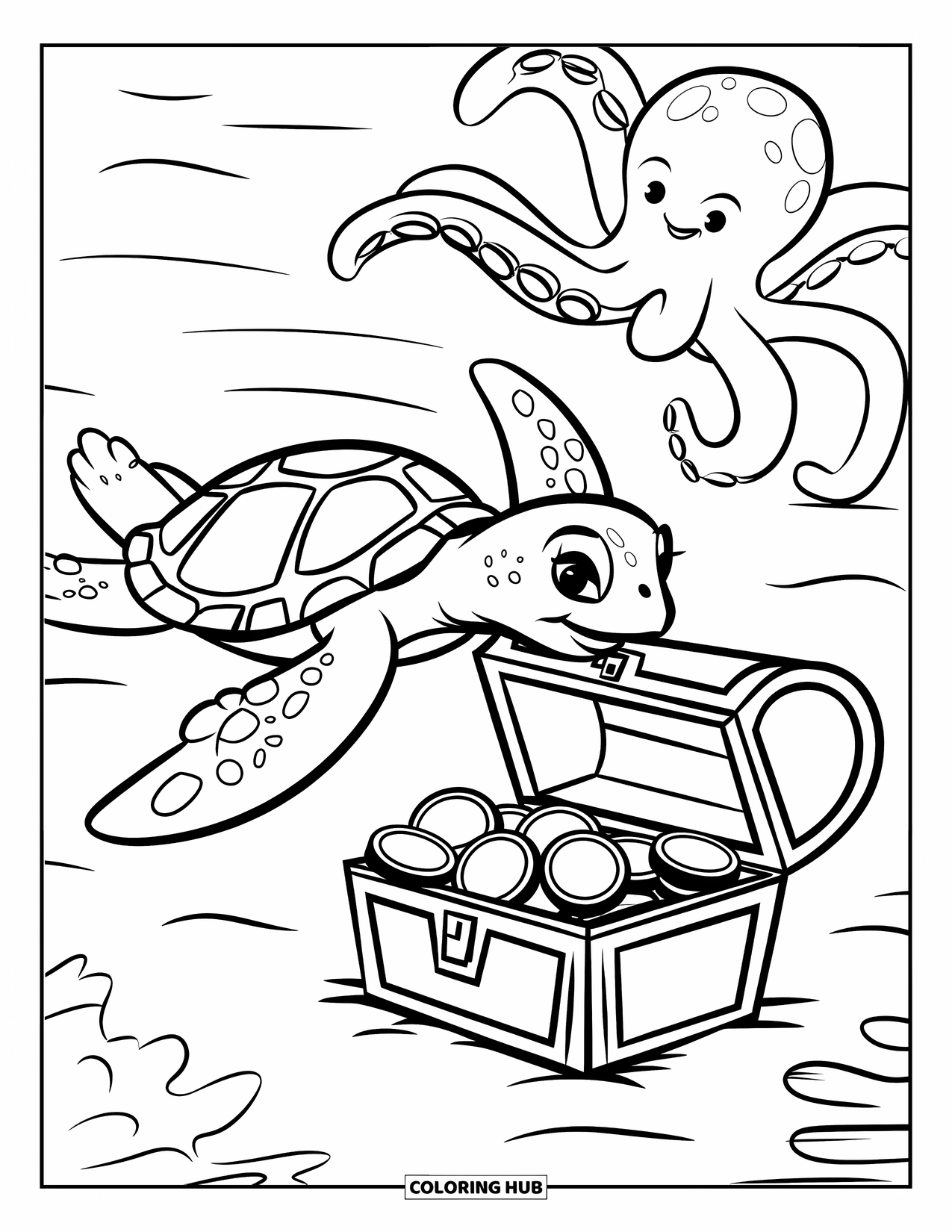 Sea Turtle Coloring Page for Kids: A playful sea turtle discovering a treasure chest, with a friendly octopus in the background