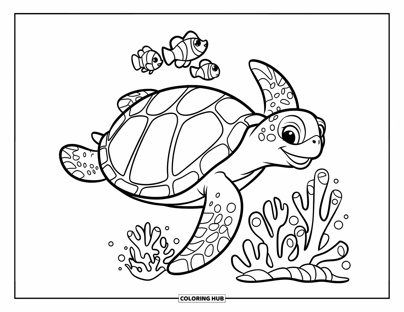 Sea Turtle Coloring Page for Kids: A playful sea turtle flipping onto its back, surrounded by clownfish and anemones