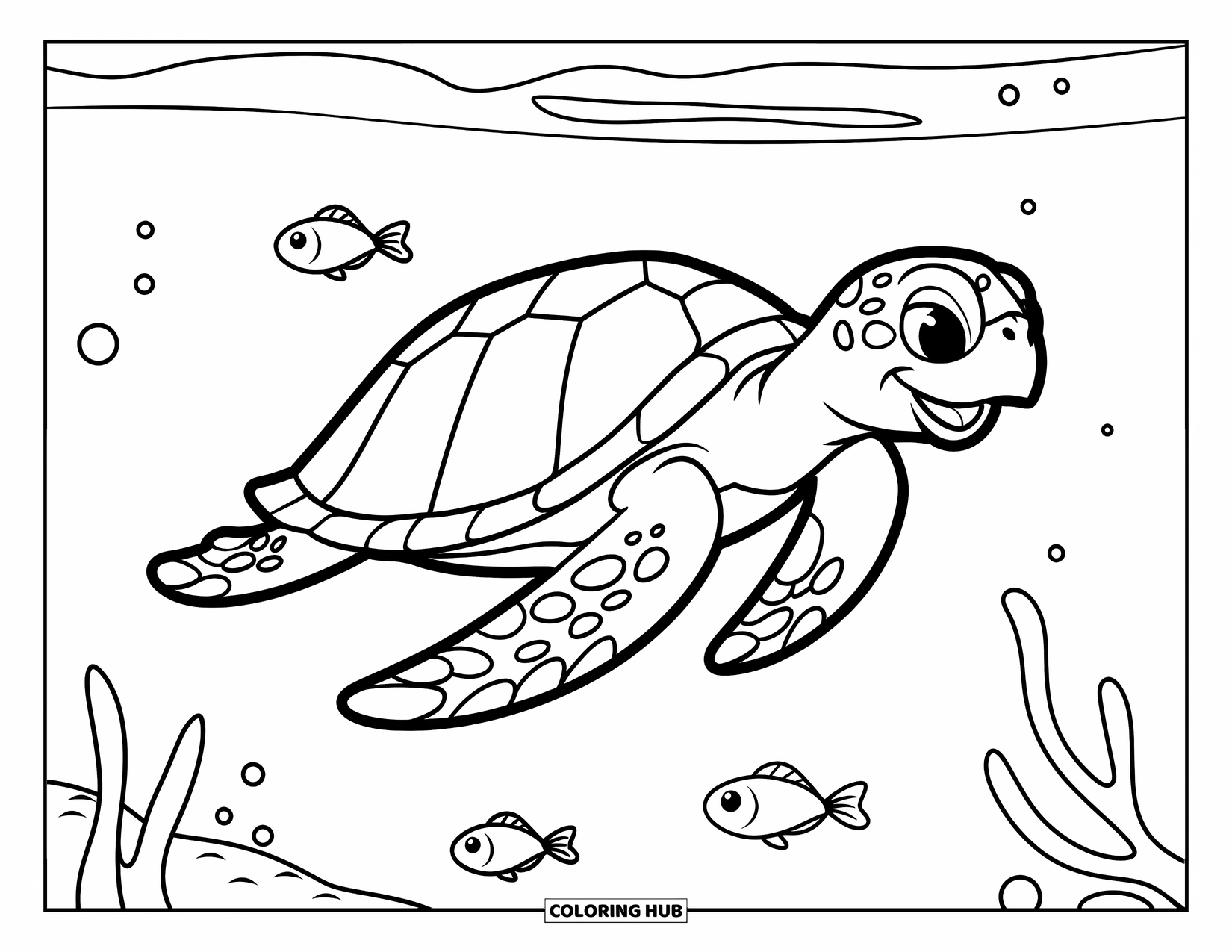 Sea Turtle Coloring Page for Kids: A playful sea turtle gliding through the water, surrounded by tiny fish
