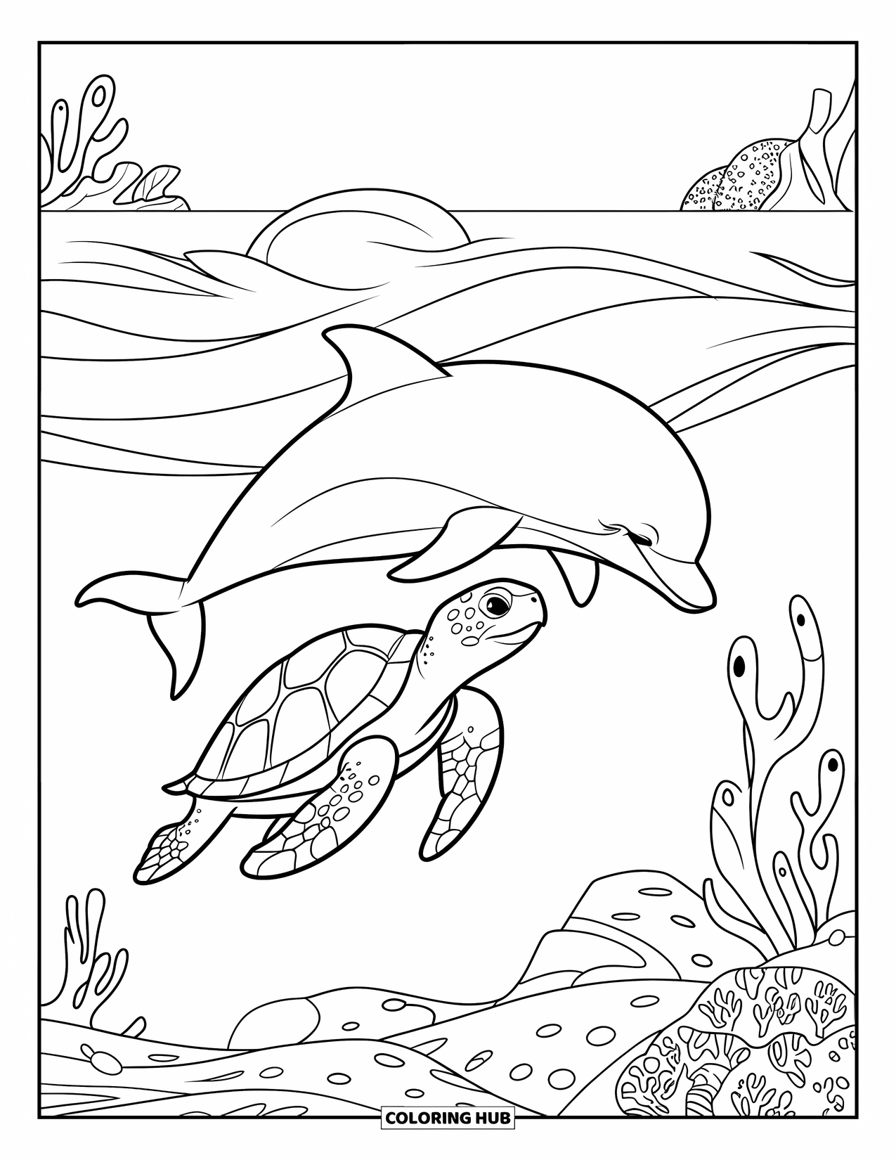 Sea Turtle Coloring Page for Kids: A sea turtle and a dolphin happily swimming side by side in the ocean