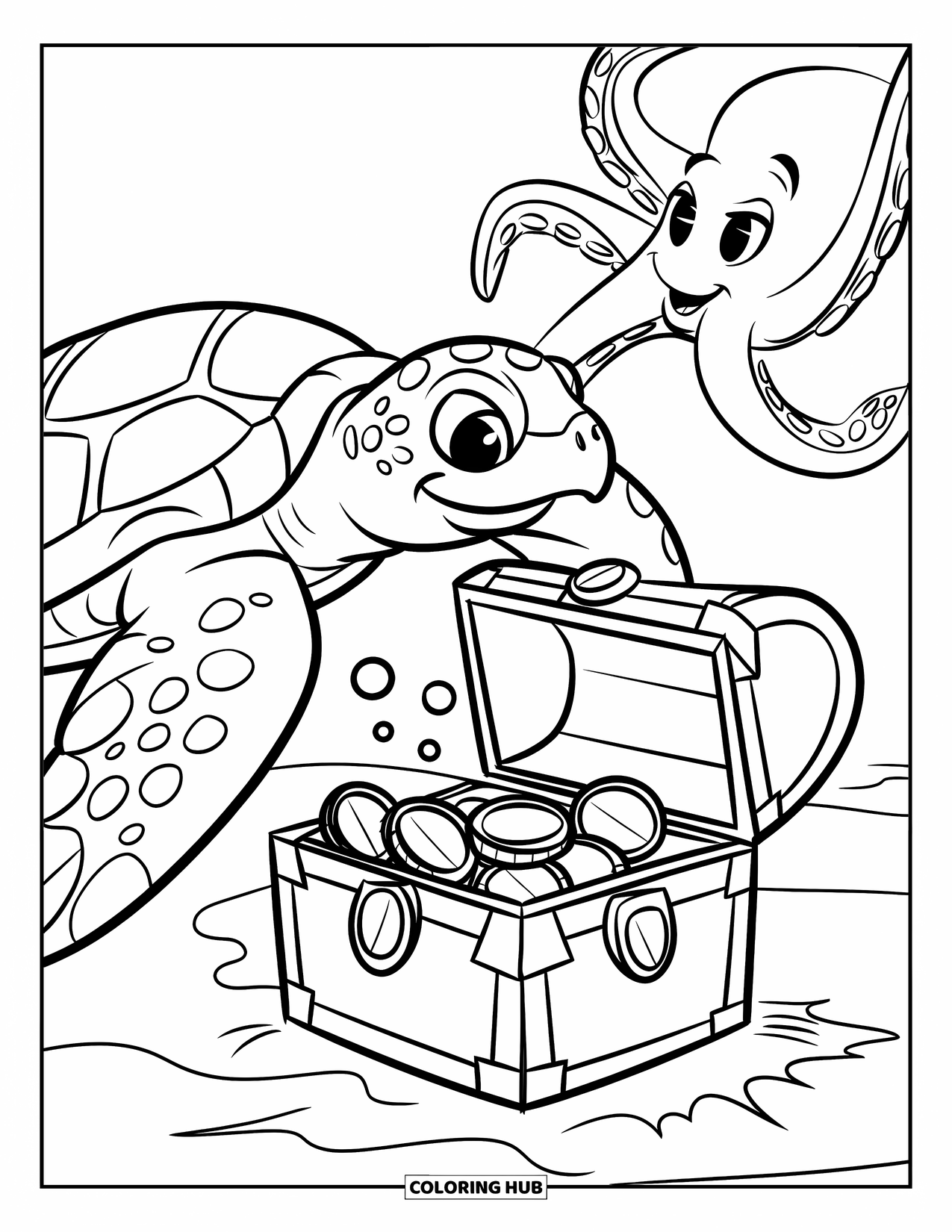 Sea Turtle Coloring Page for Kids: A sea turtle diving toward a treasure chest at the ocean floor, with an octopus nearby