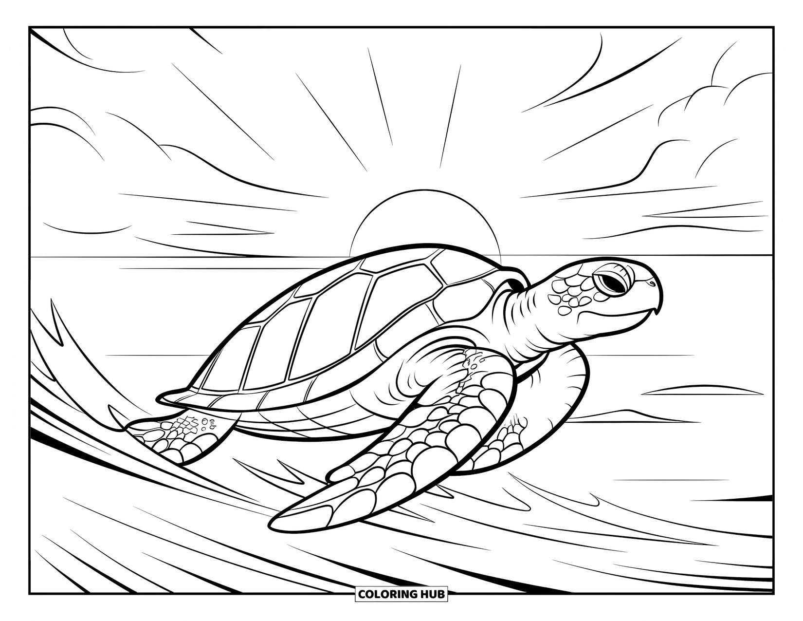 Sea Turtle Coloring Page for Kids: A sea turtle gliding through the waves, with a dramatic sunset in the background