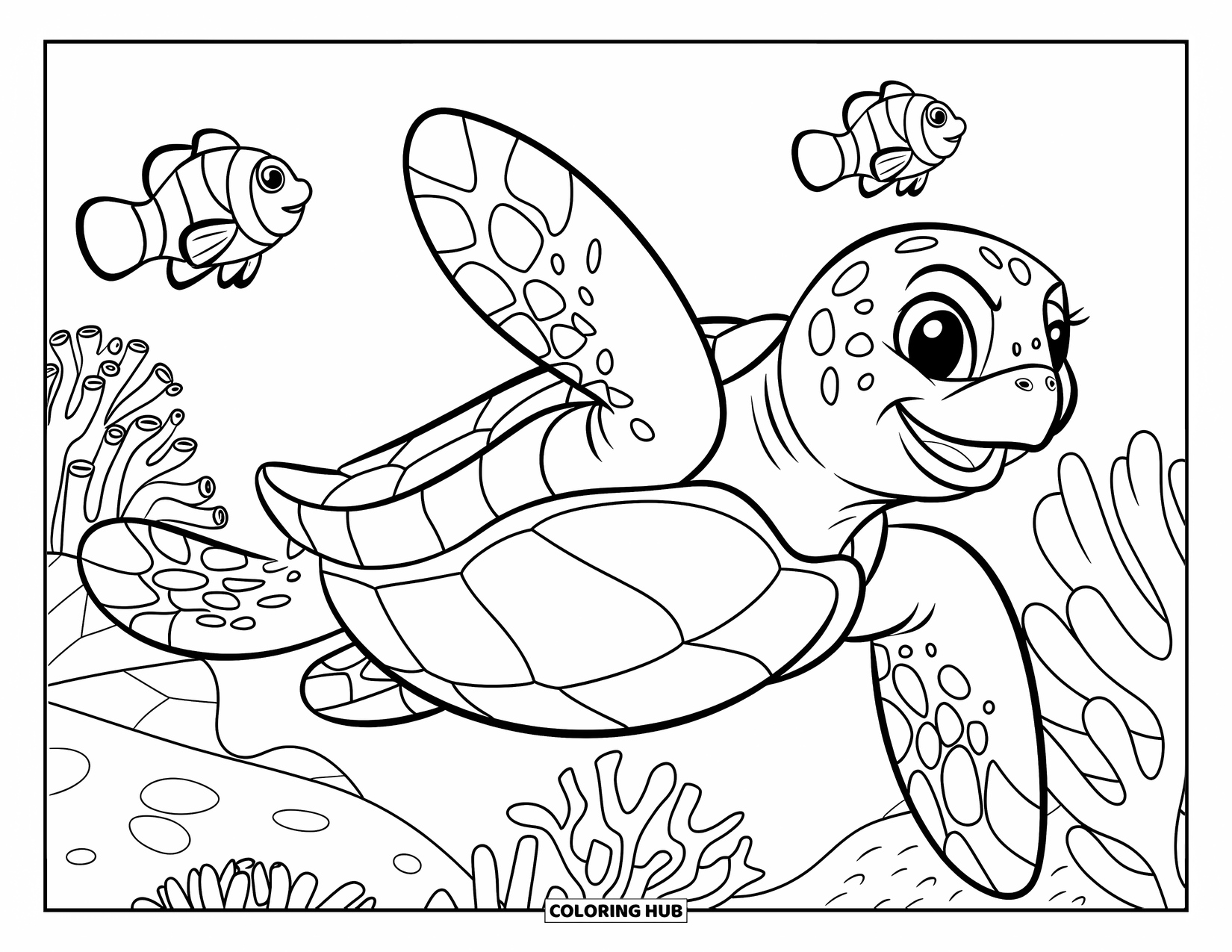 Sea Turtle Coloring Page for Kids: A sea turtle joyfully flipping over in the water, with clownfish and anemones around