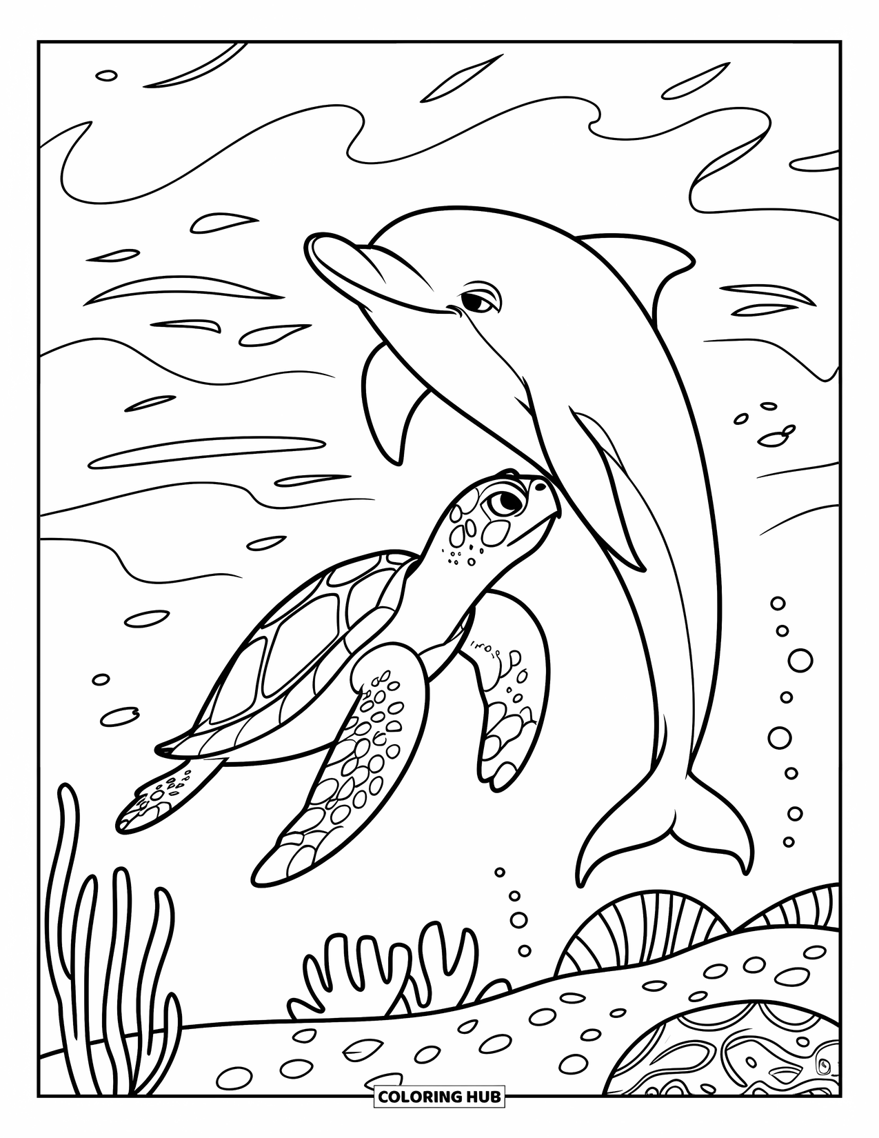 Sea Turtle Coloring Page for Kids: A sea turtle playfully interacting with a dolphin in the open ocean