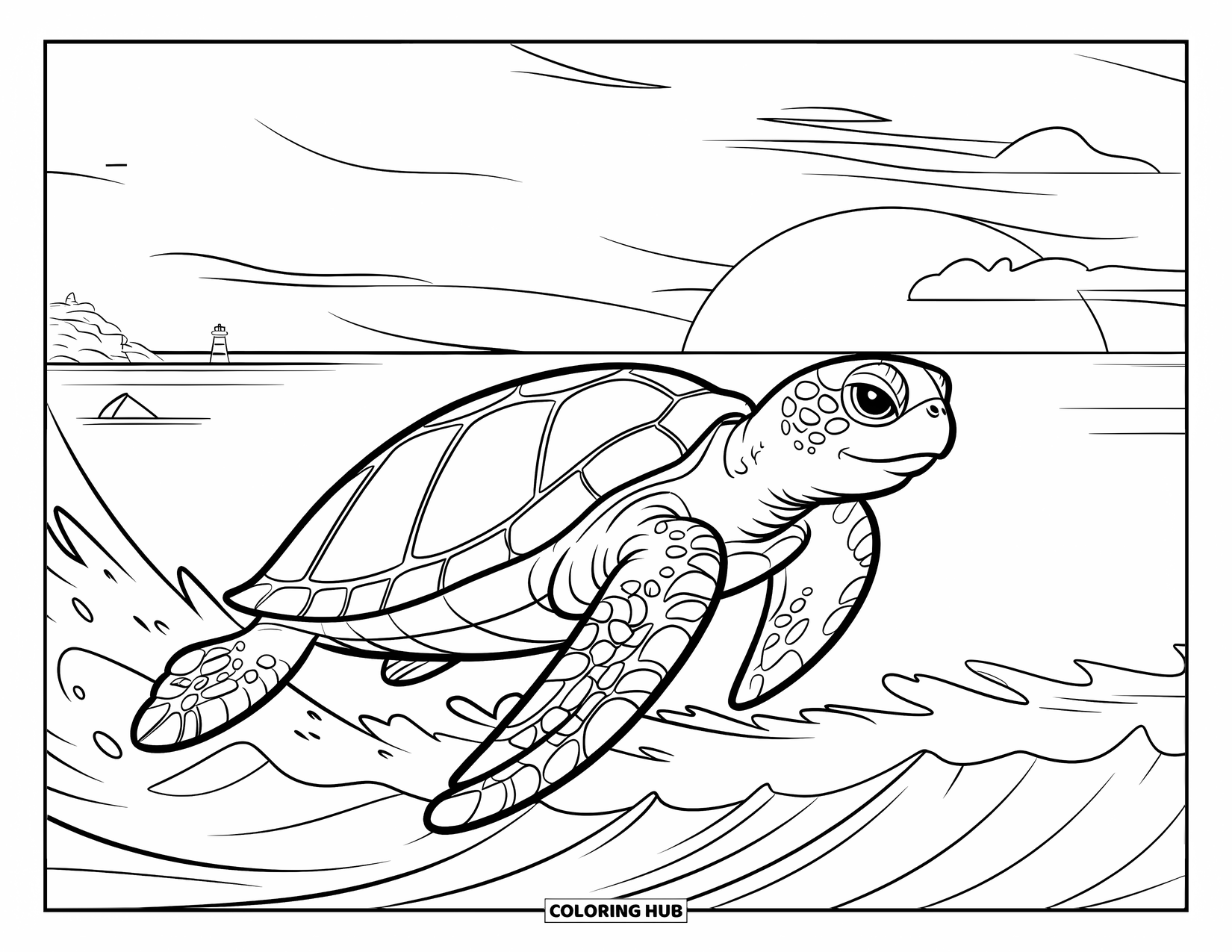 Sea Turtle Coloring Page for Kids: A sea turtle soaring through the waves, with the glow of a sunset painting the sky