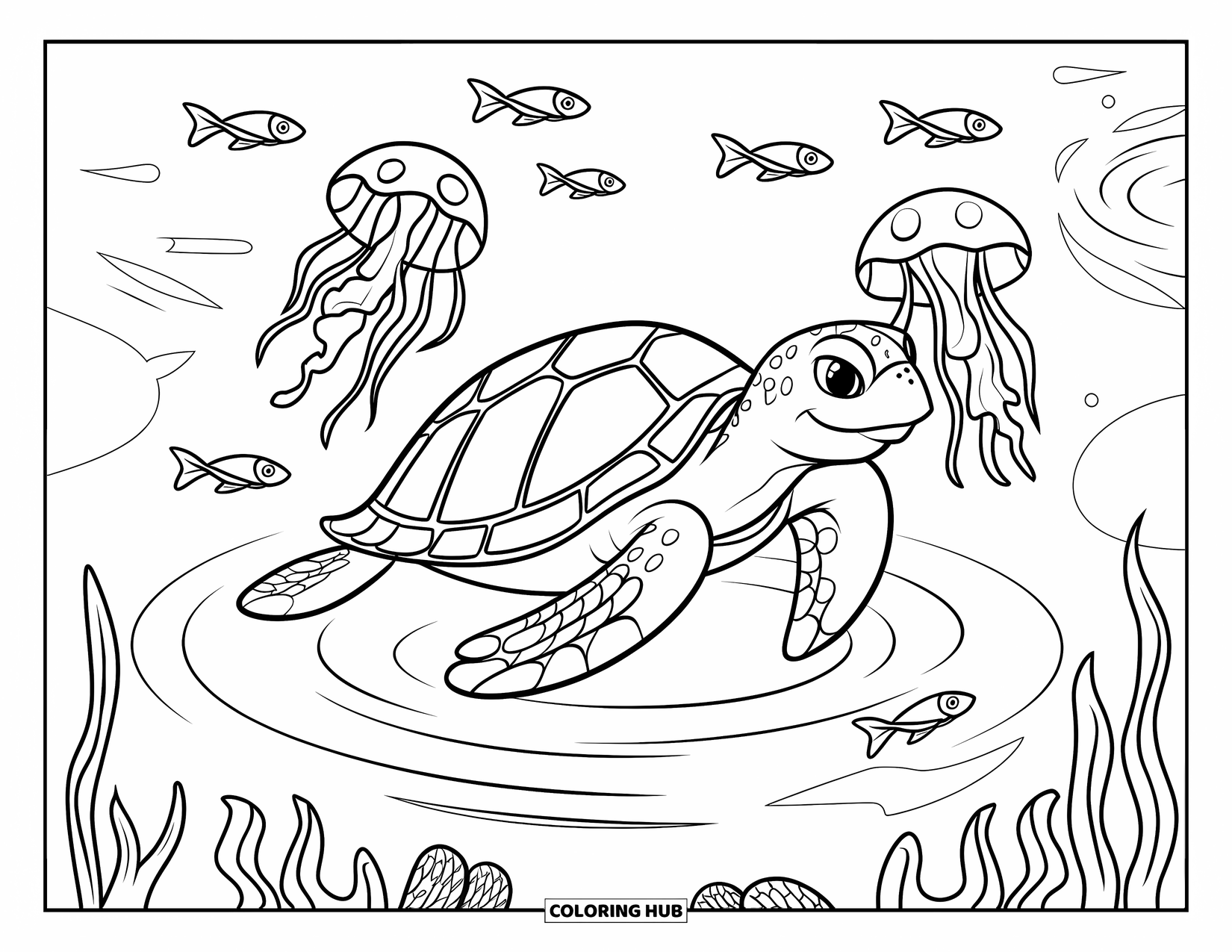 Sea Turtle Coloring Page for Kids: A sea turtle swimming alongside jellyfish and schools of fish in a lively ocean