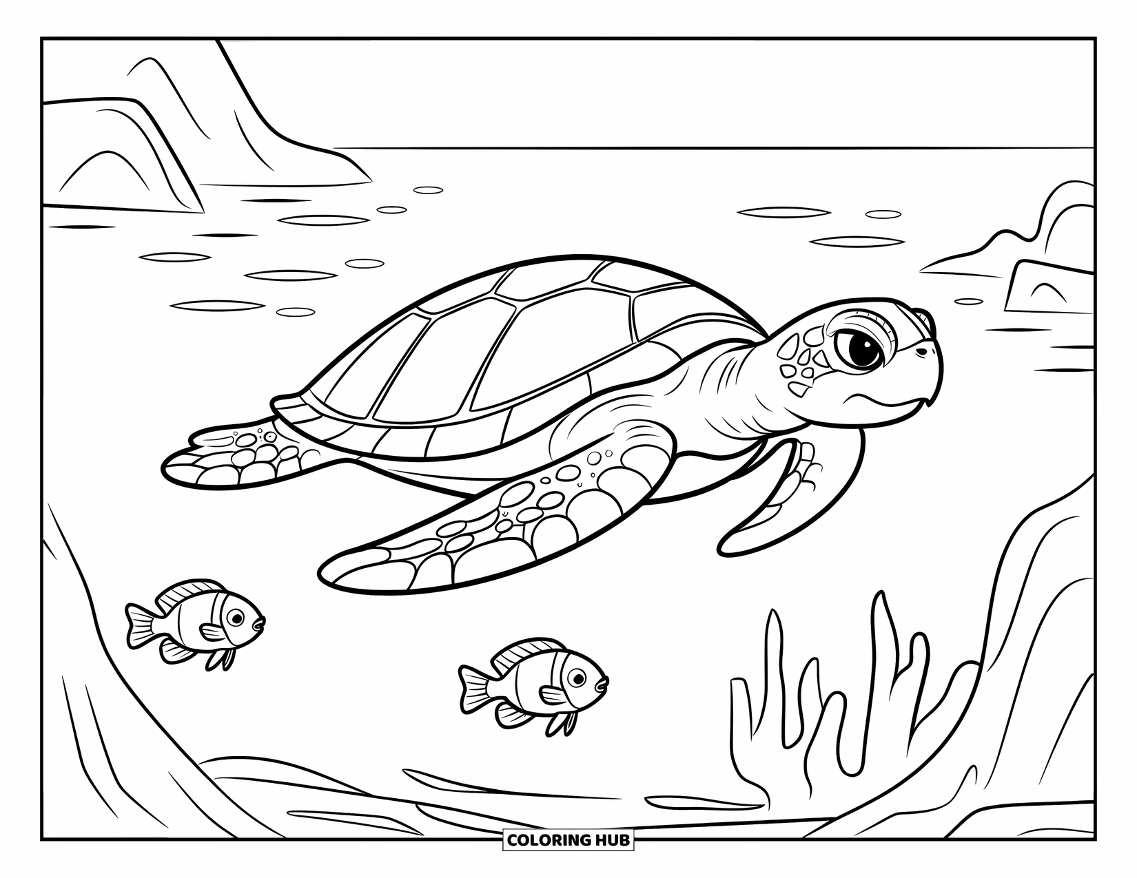 Sea Turtle Coloring Page for Kids: A sea turtle swimming peacefully among small fish in calm, clear waters