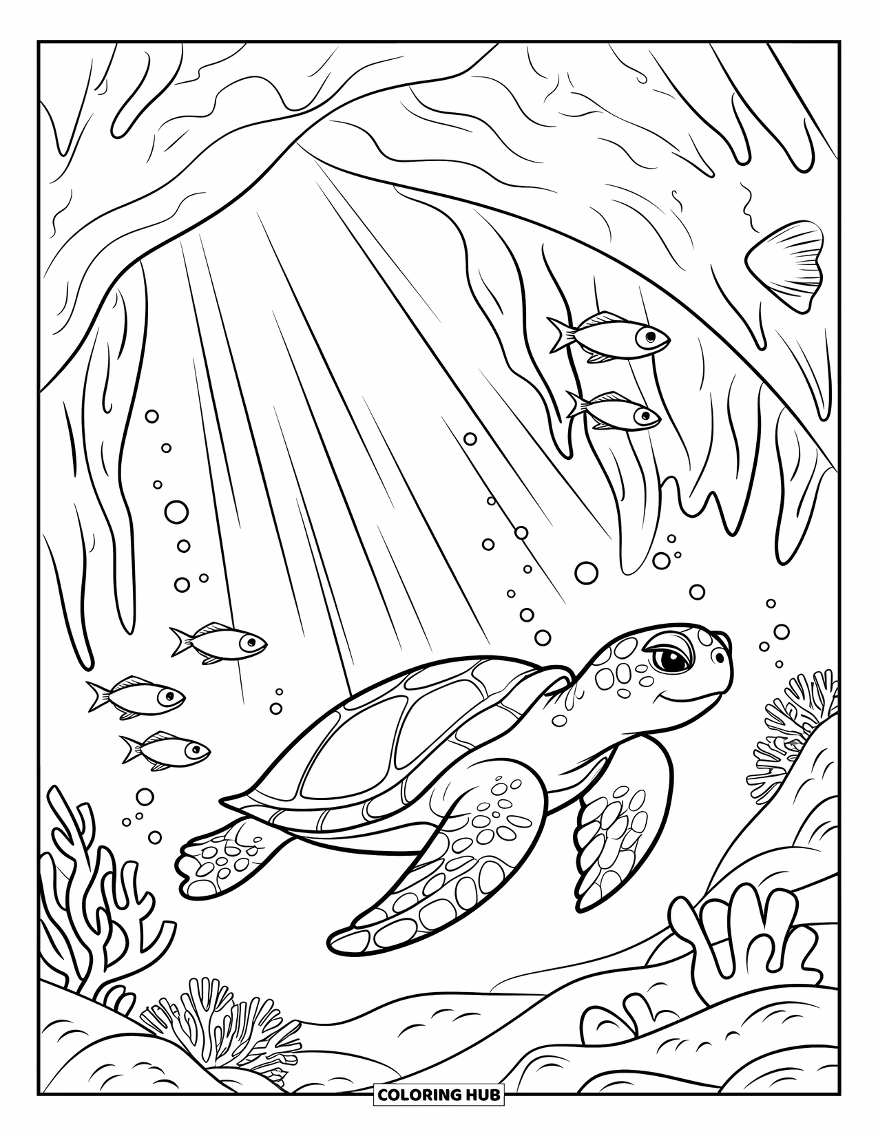 Sea Turtle Coloring Page for Kids: A sea turtle swimming through an underwater cave, surrounded by glowing fish