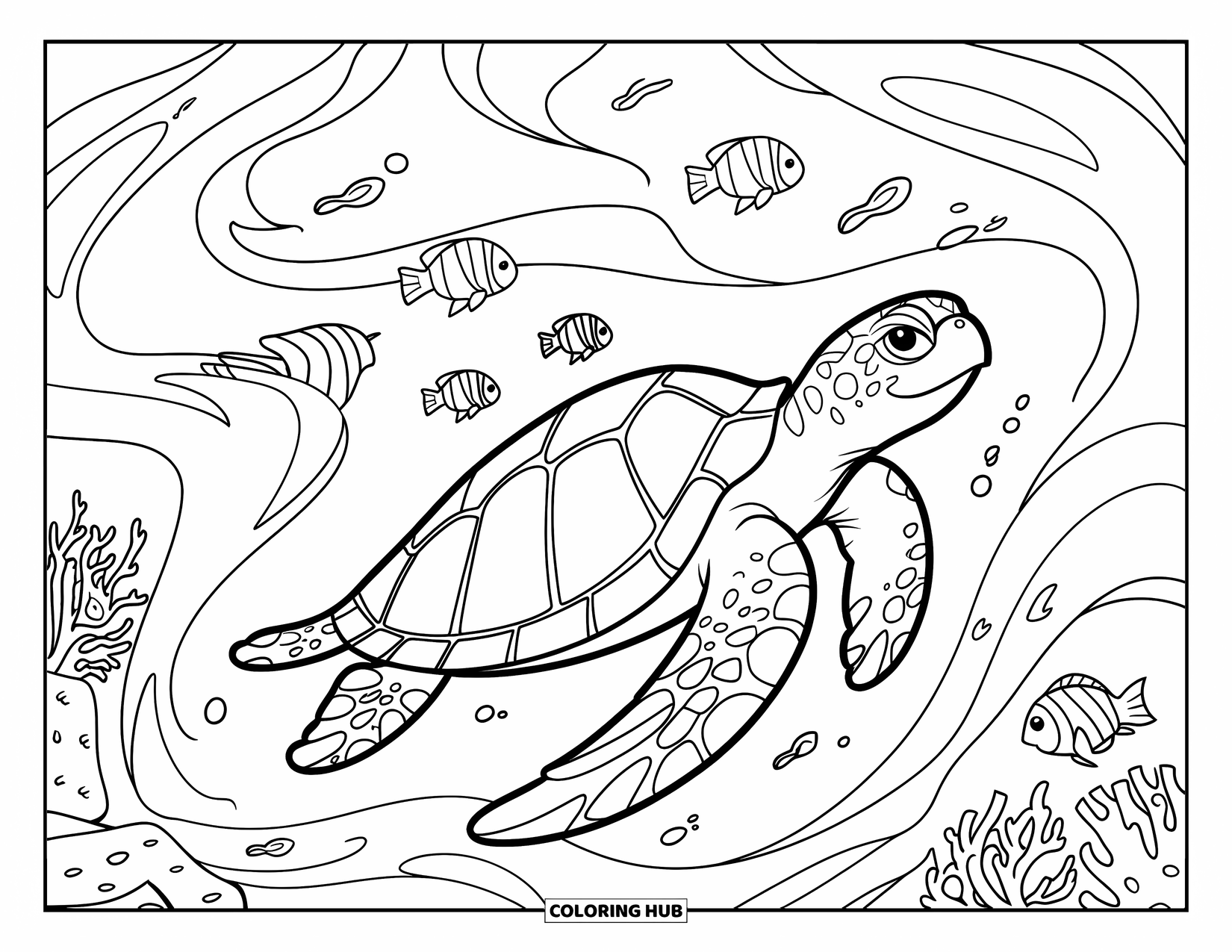 Sea Turtle Coloring Page for Kids: A sea turtle swimming through swirling water currents, surrounded by tropical fish