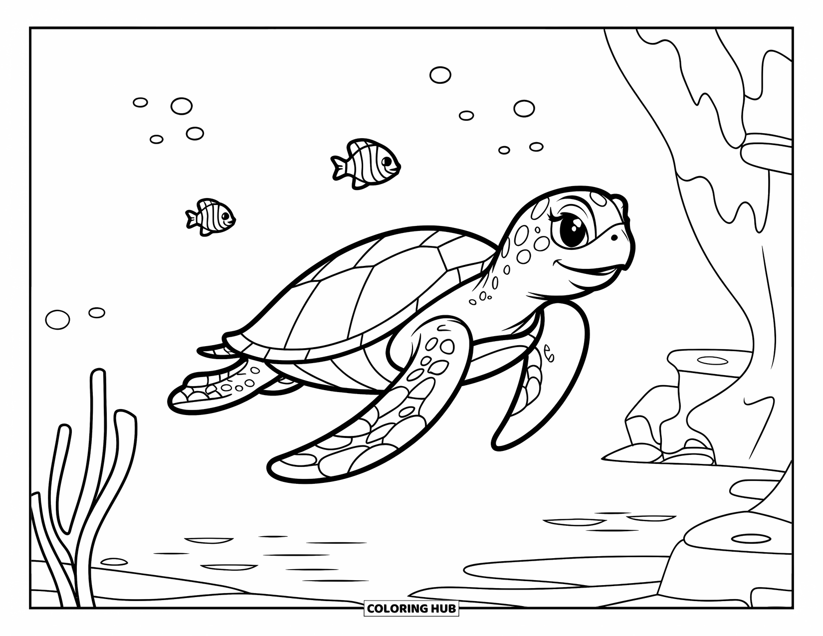 Sea Turtle Coloring Page for Kids: A sea turtle with a bold, patterned shell swimming among coral and gentle waves