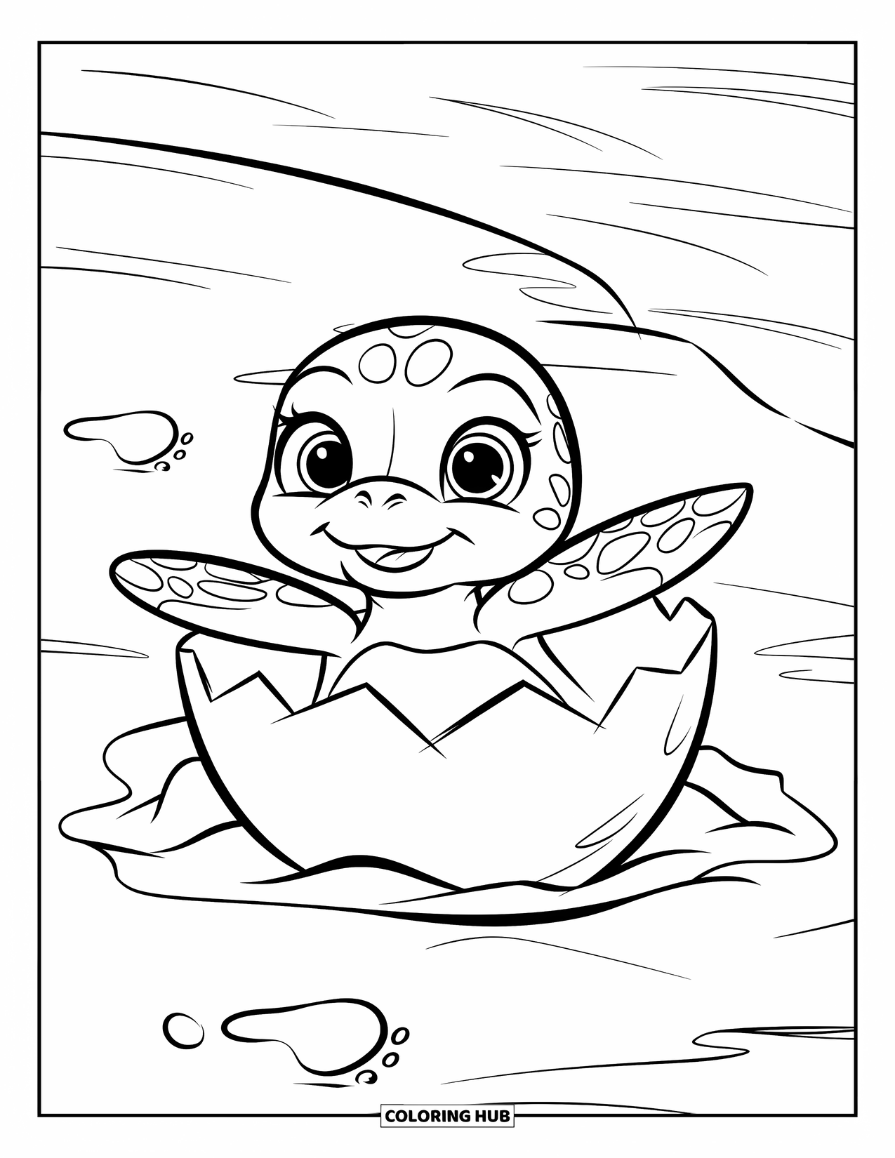 Sea Turtle Coloring Page for Kids: A small sea turtle emerging from its shell, preparing for its journey to the sea