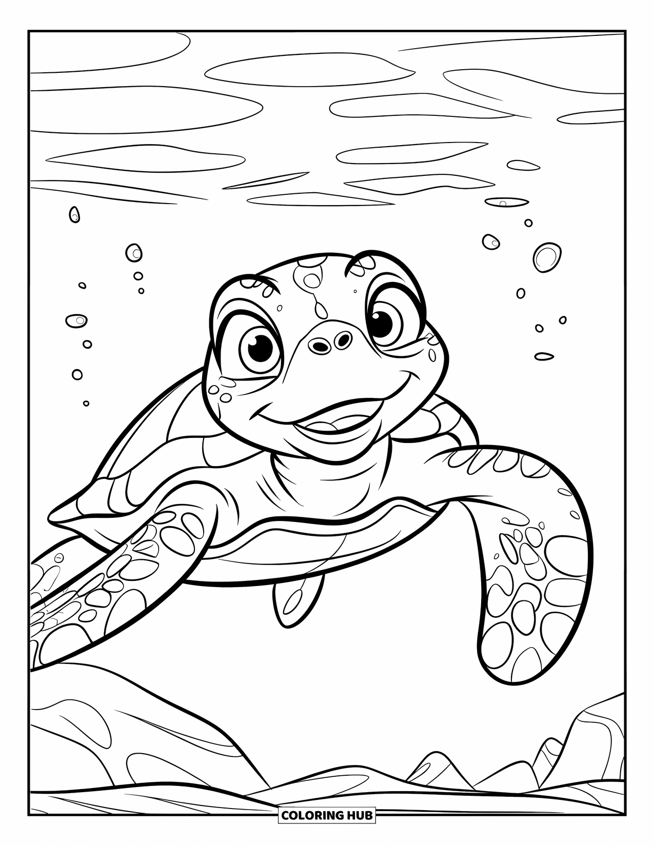 Sea Turtle Coloring Page for Kids: A smiling sea turtle drifting through the water, enjoying the peaceful ocean
