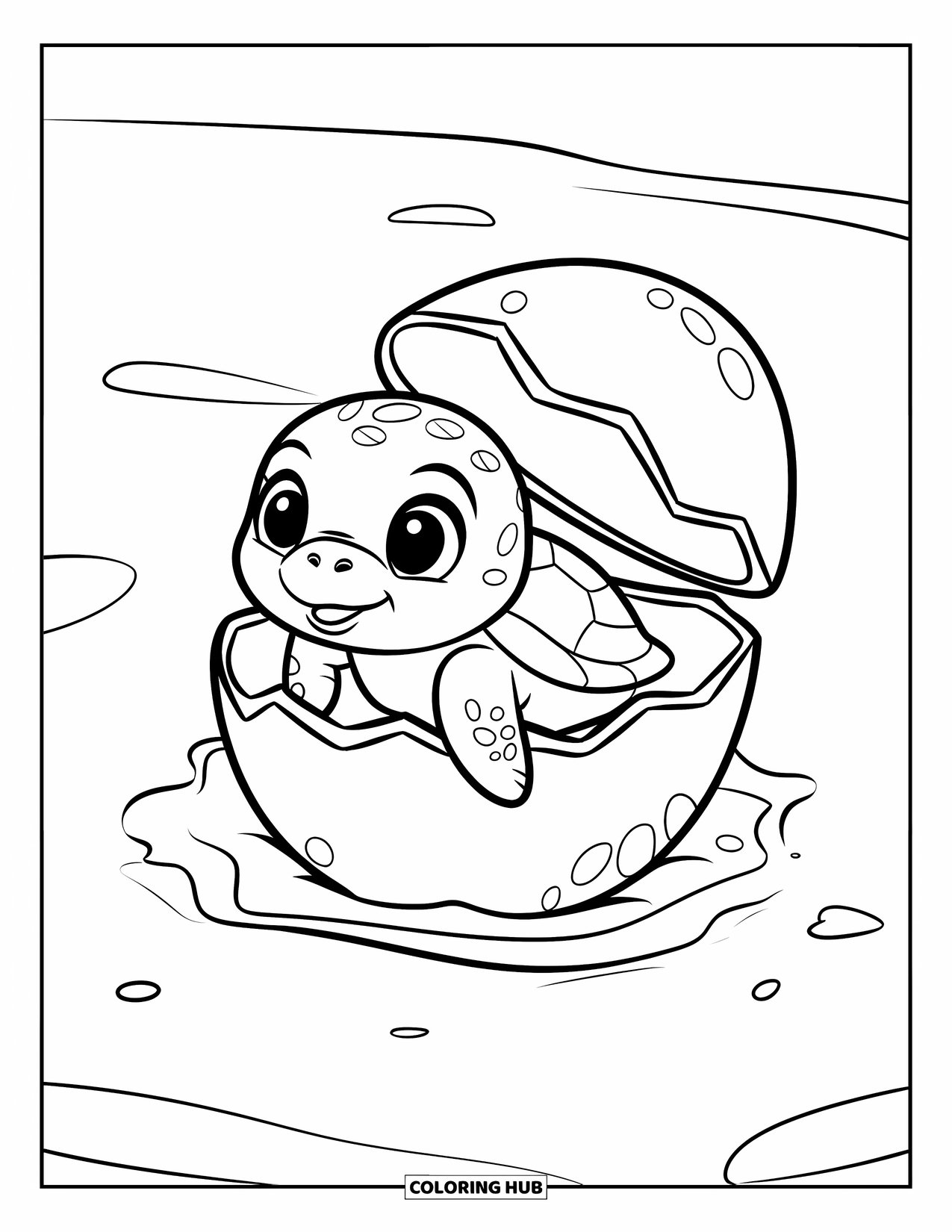 Sea Turtle Coloring Page for Kids: A tiny sea turtle hatching from an egg, ready to begin its life in the water
