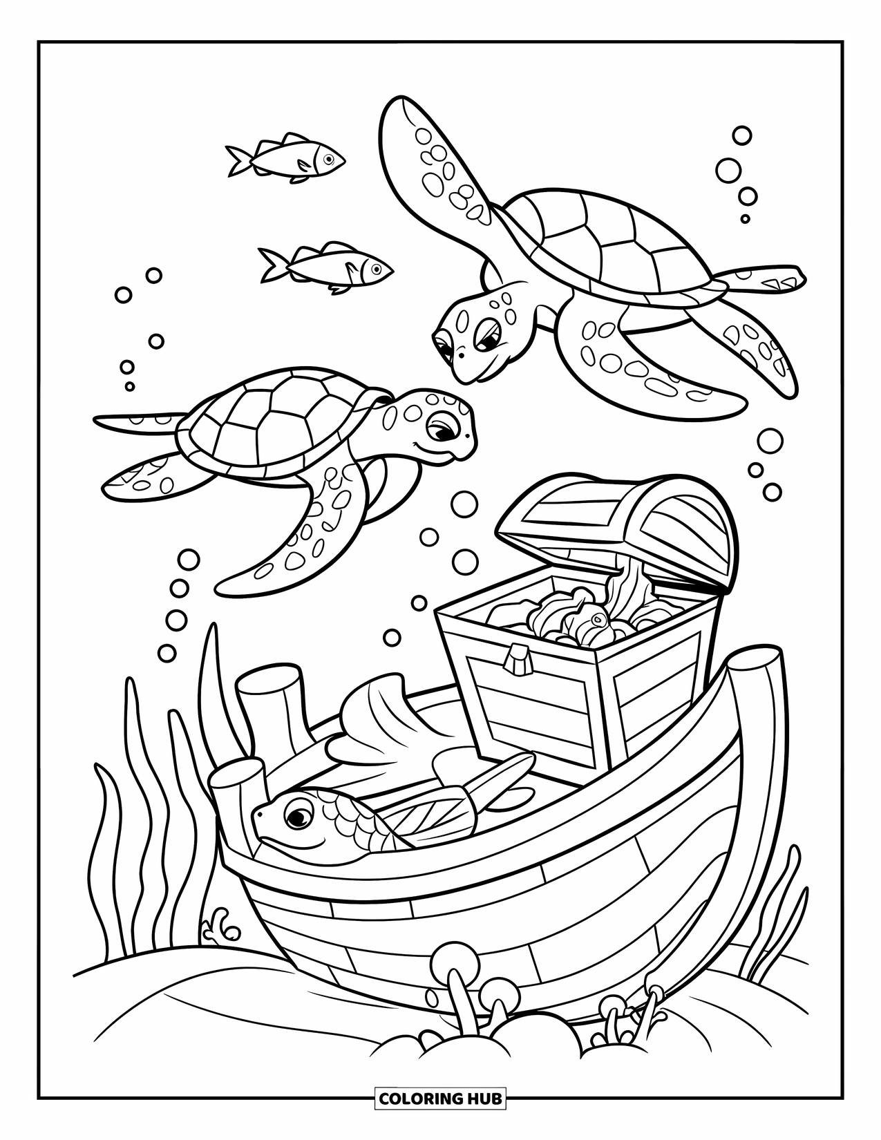 Sea Turtle Coloring Page for Kids: Two sea turtles exploring a sunken ship, surrounded by marine life and hidden treasure