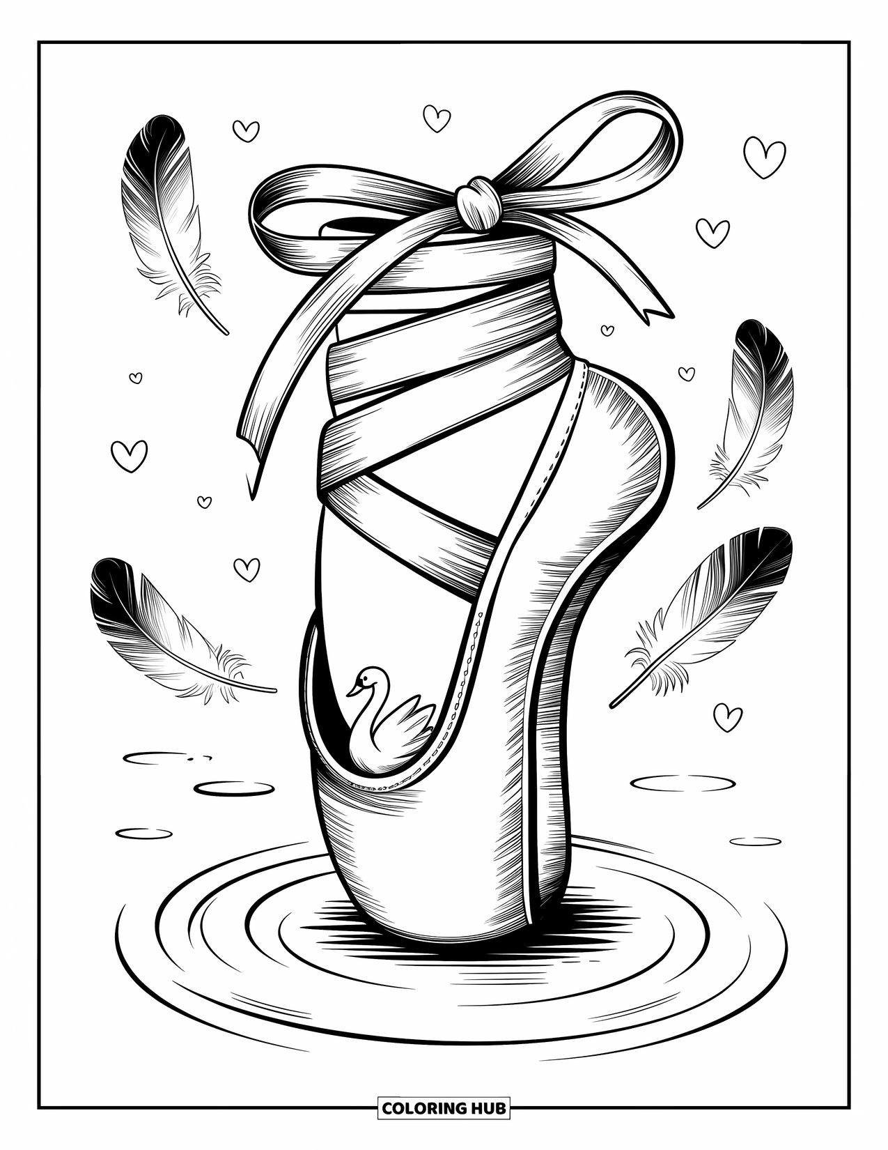 Shoe Coloring Page for Adults: A ballet slipper with a swan figure, flowing ribbons, and delicate floating feathers