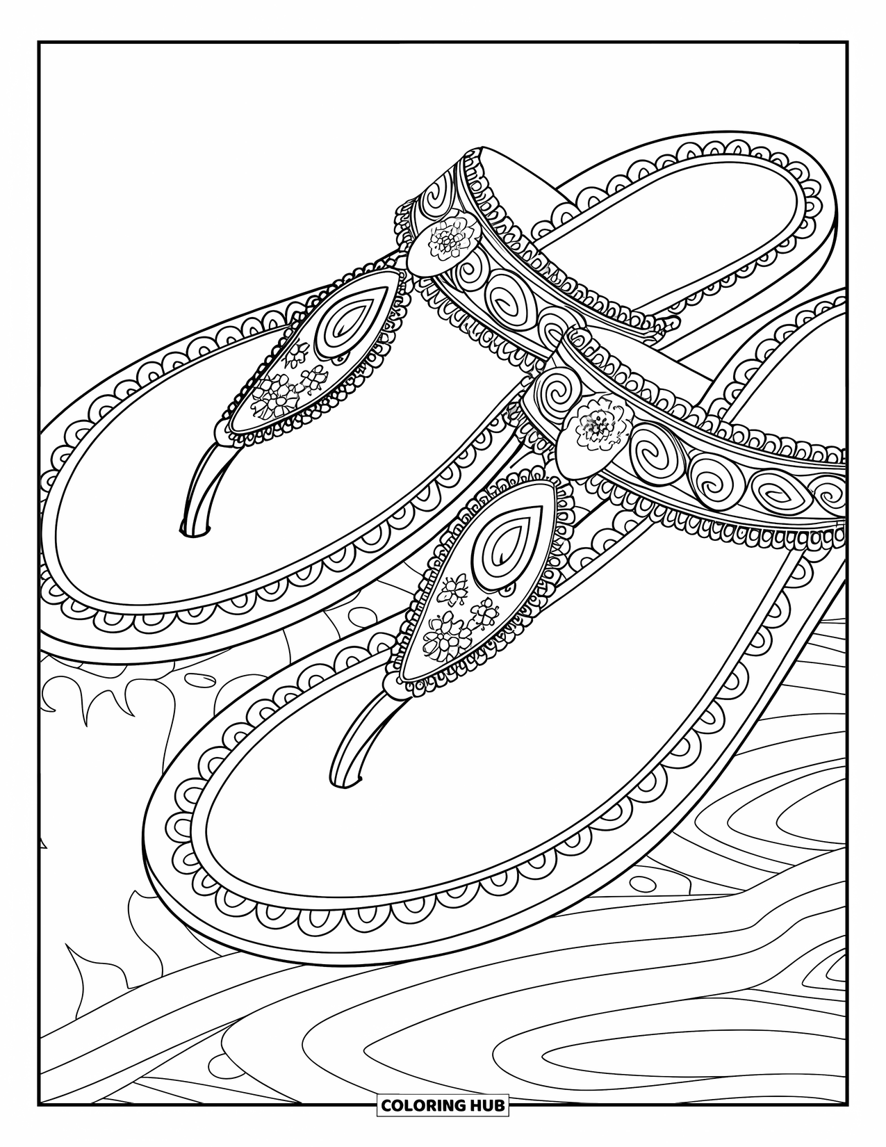 Shoe Coloring Page for Adults: A beautifully designed sandal with artistic embellishments sits on a white background