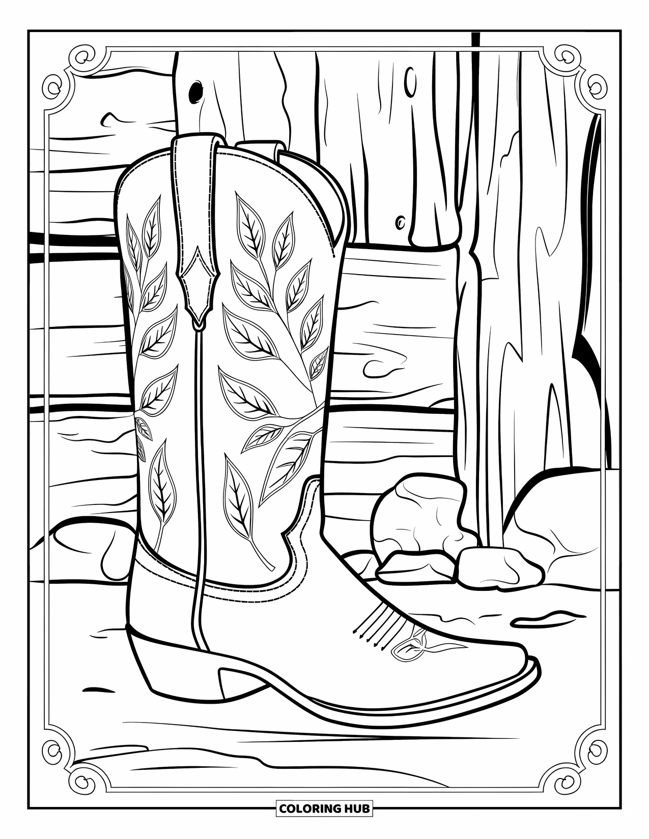 Shoe Coloring Page for Adults: A cowboy boot with leaf engravings and swirls sits on a wooden stand