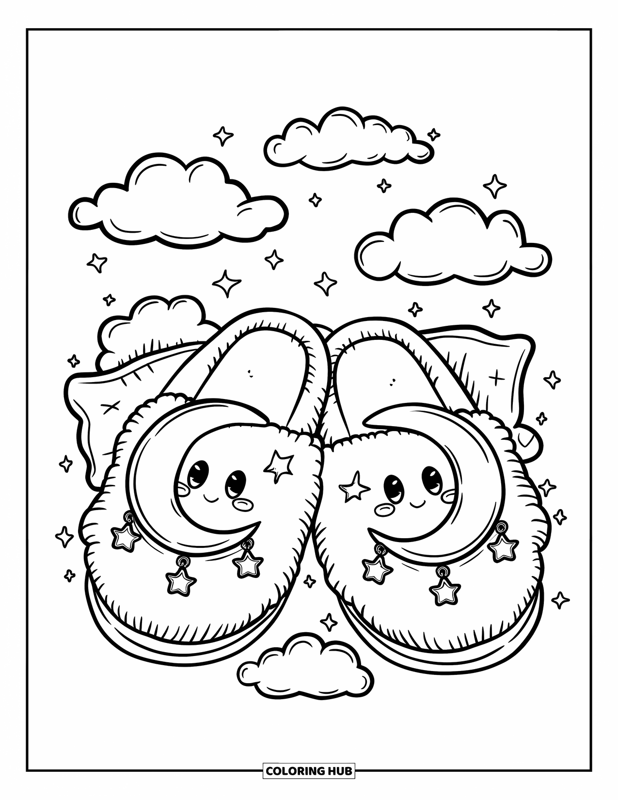Shoe Coloring Page for Adults: A cozy pair of slippers with a gentle moon design, fluffy pillows, and tiny sparkling stars
