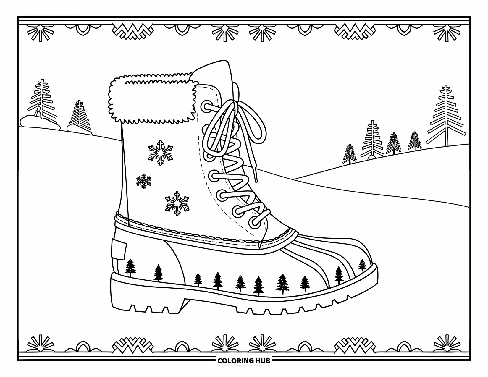 Shoe Coloring Page for Adults: A cozy winter boot with delicate patterns is placed in a snowy landscape