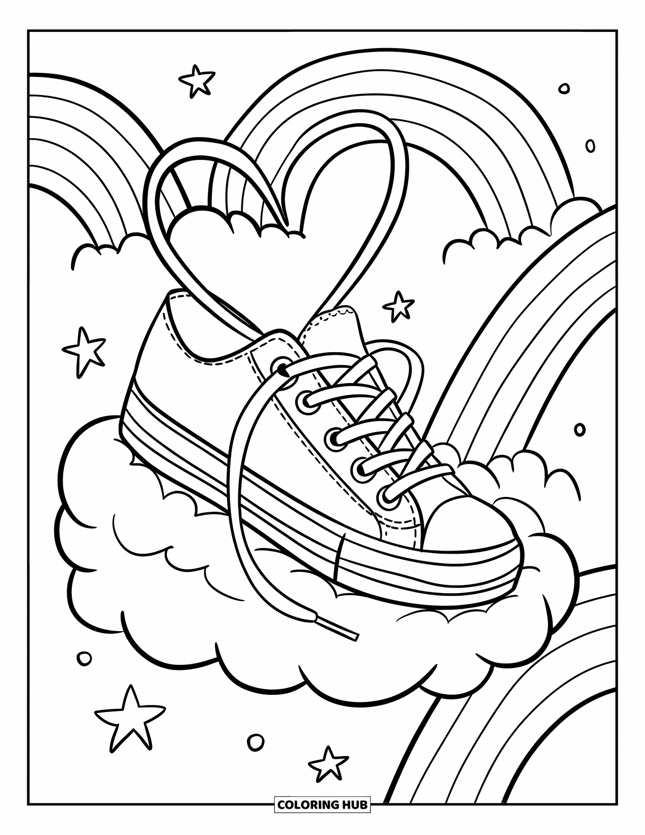 Shoe Coloring Page for Adults: A cute sneaker with rainbow details, heart-shaped laces, and tiny stars floating in the sky