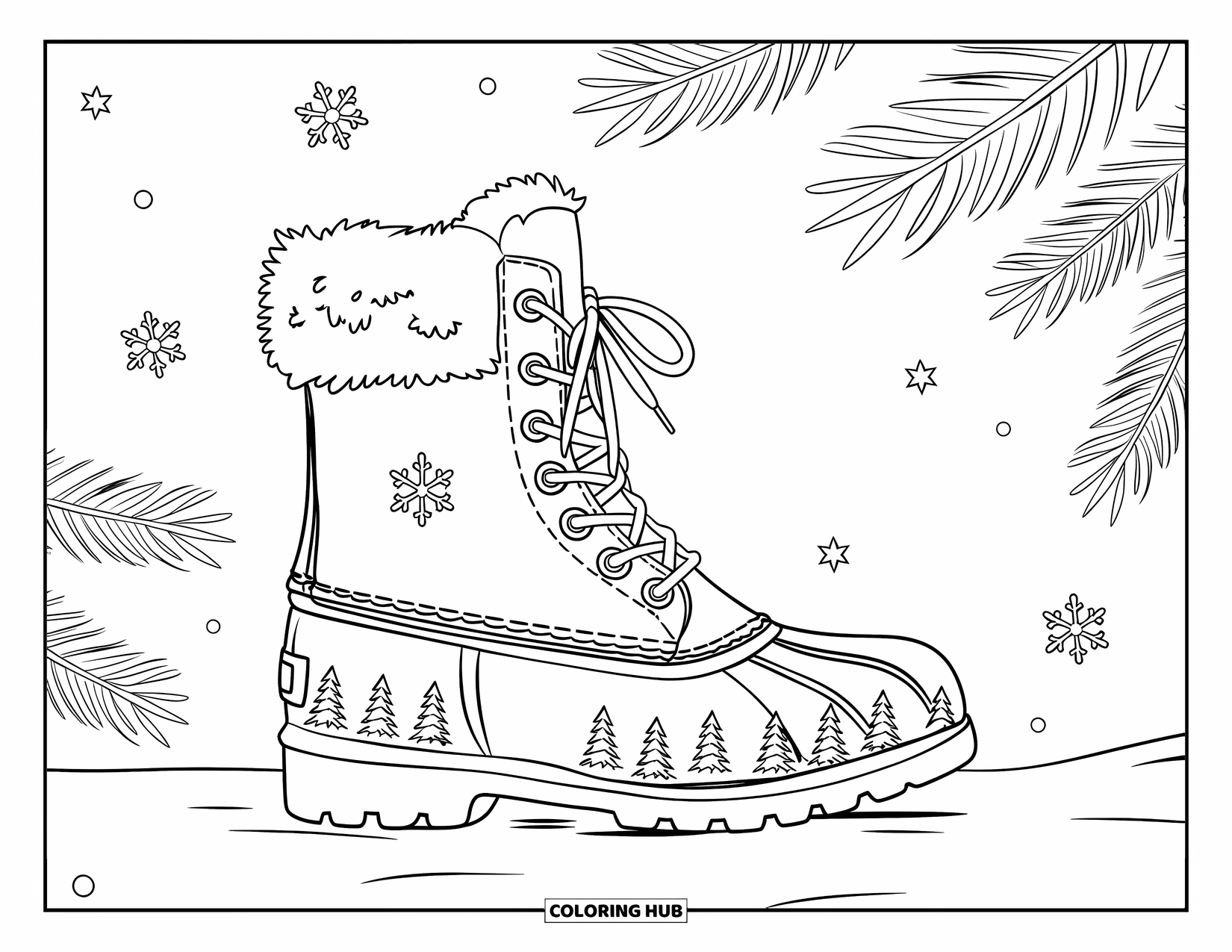Shoe Coloring Page for Adults: A decorated winter boot with fur details sits among snowflakes and pine branches