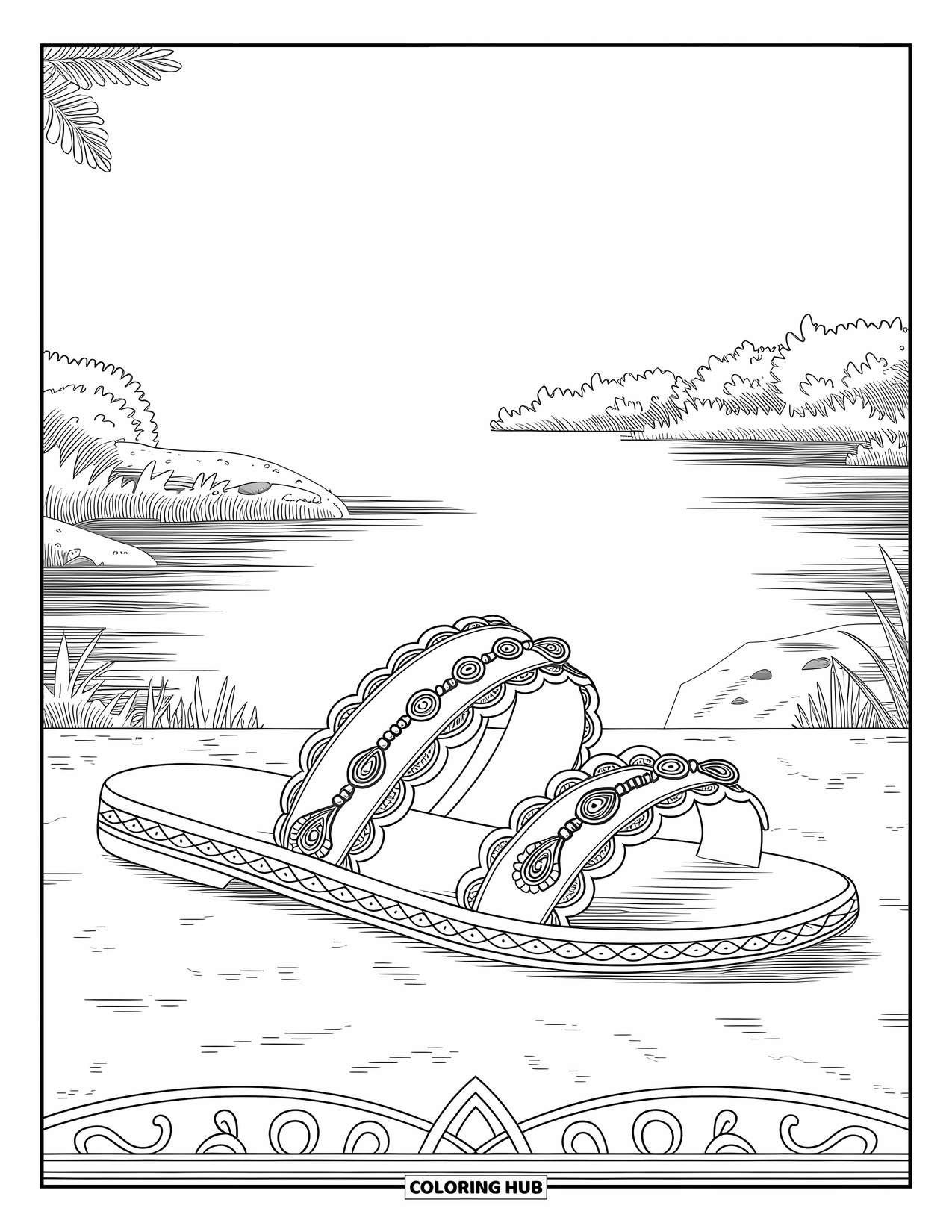 Shoe Coloring Page for Adults: A decorative sandal with paisley and beadwork is placed near a body of water