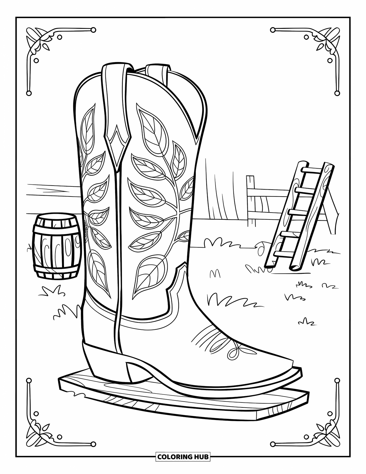 Shoe Coloring Page for Adults: A detailed cowboy boot with swirling designs is placed in a rustic wooden setting