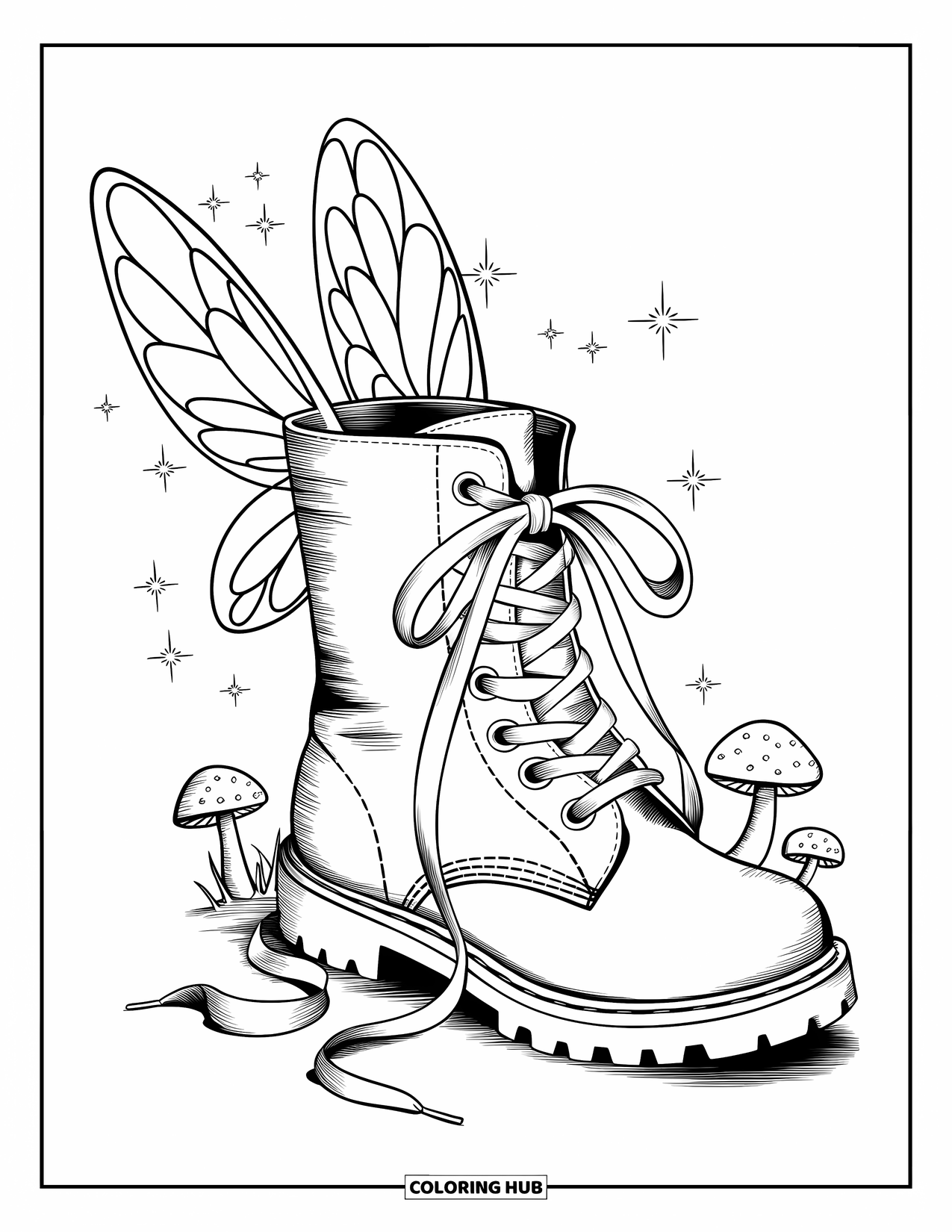 Shoe Coloring Page for Adults: A fairy boot with delicate wings, big ribbon bows, and tiny glowing stars in an enchanted forest