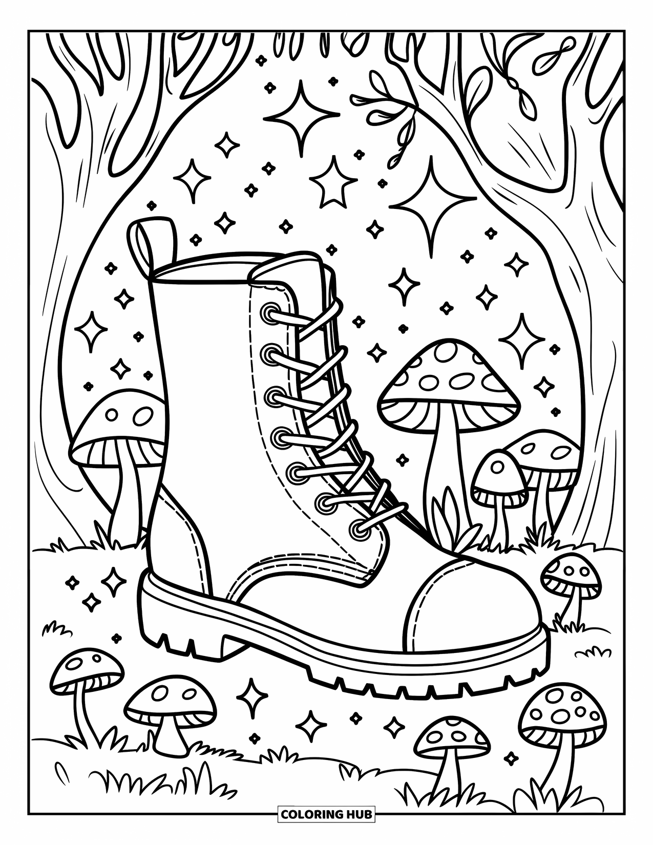Shoe Coloring Page for Adults: A fairy boot with wings, ribbons, and sparkles, set in a magical forest with mushrooms